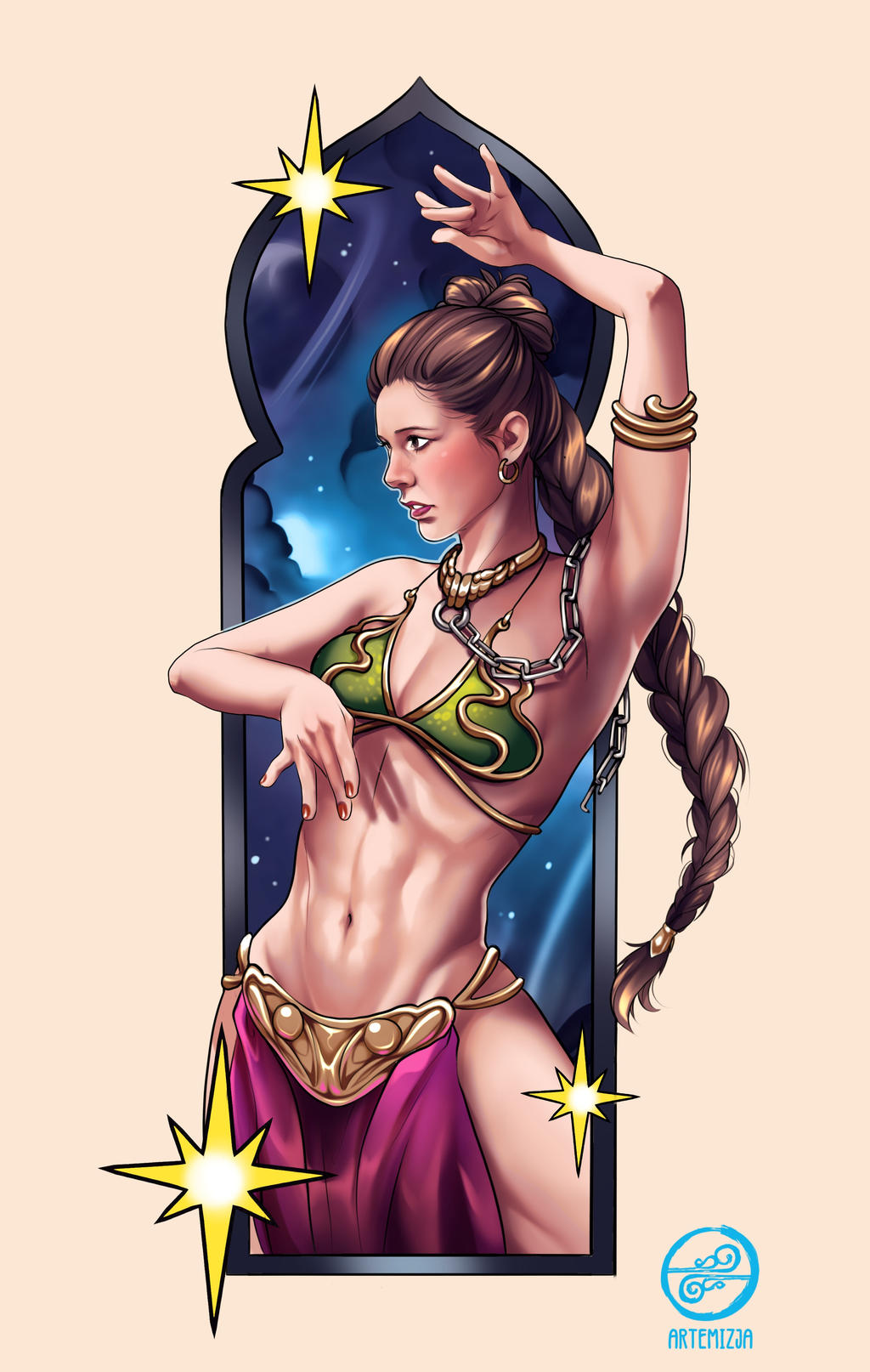 athletic, athletic female, belly dancer, belly dancer outfit, braided hair, breasts, brown eyes, brown hair, chain leash, cleavage, enslaved royal, female, female only, femsub, fit, fit female, harem girl, harem outfit, long hair, madbunny, medium breasts, princess leia organa, slave, slave bikini, slave collar, slave girl, slave leia, slave outfit, star wars, submissive female