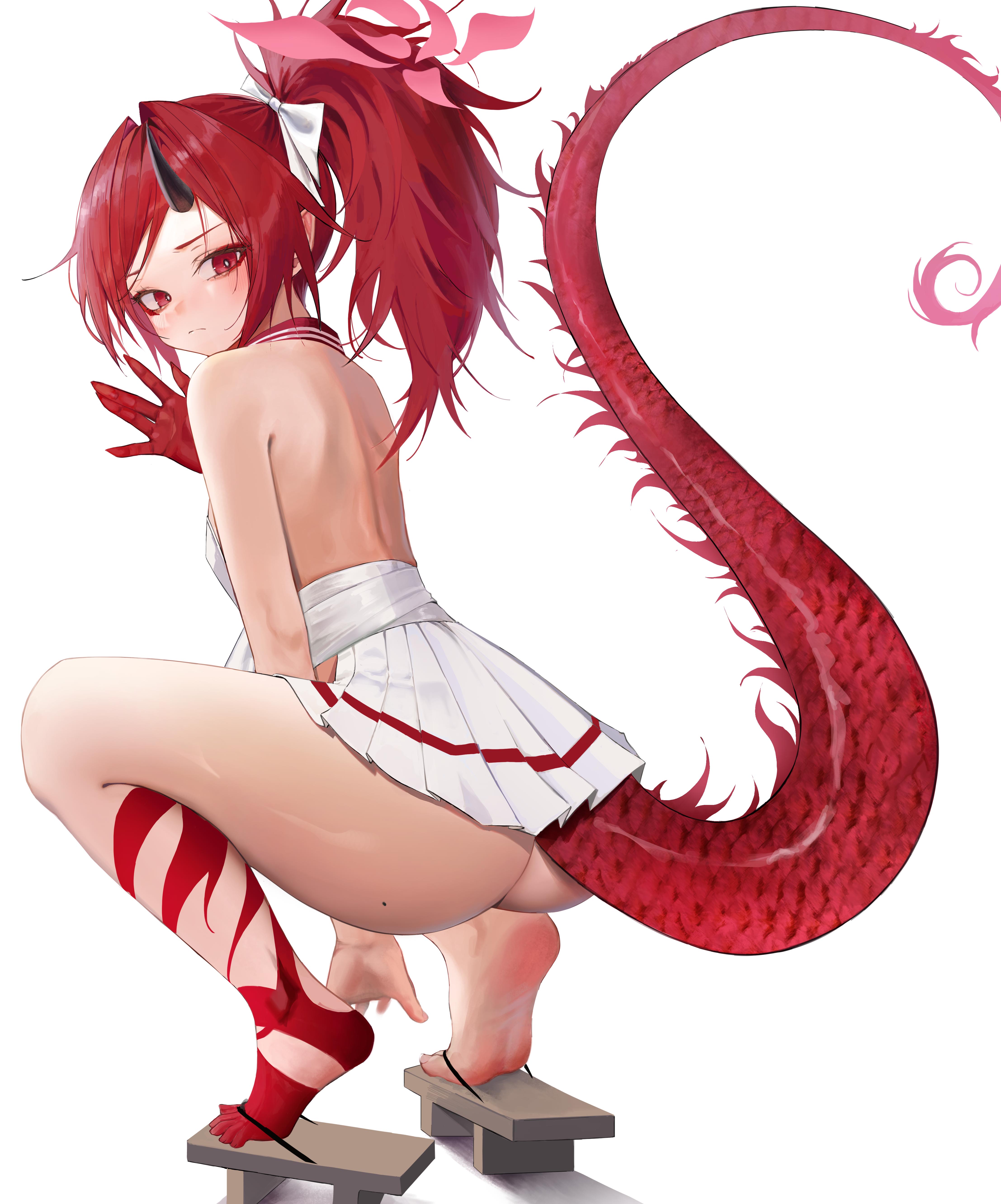 1girls, ass, big ass, blue archive, breasts, dragon, dragon girl, female, hair ribbon, halo, high resolution, horn, japanese clothes, looking at viewer, mole, mole on ass, ponytail, red eyes, red hair, red tail, renge (blue archive), sihana156, small breasts, soles, squatting, tail