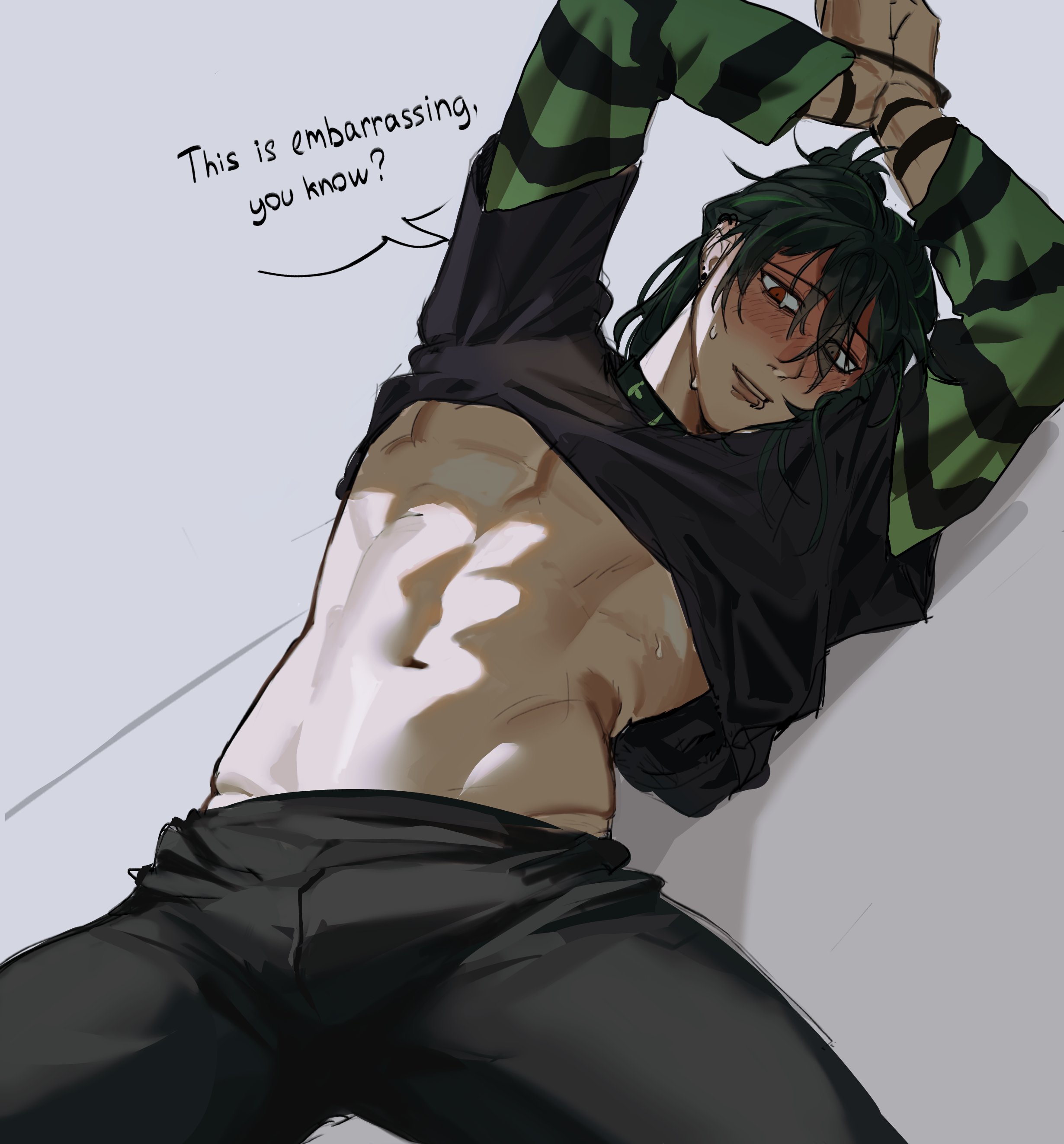 1boy, abs, alternate version at source, alternate version available, blush, blushing at viewer, looking at viewer, male, miderok, pinup, shirt, shirt up, solivan brugmansia, the kid at the back