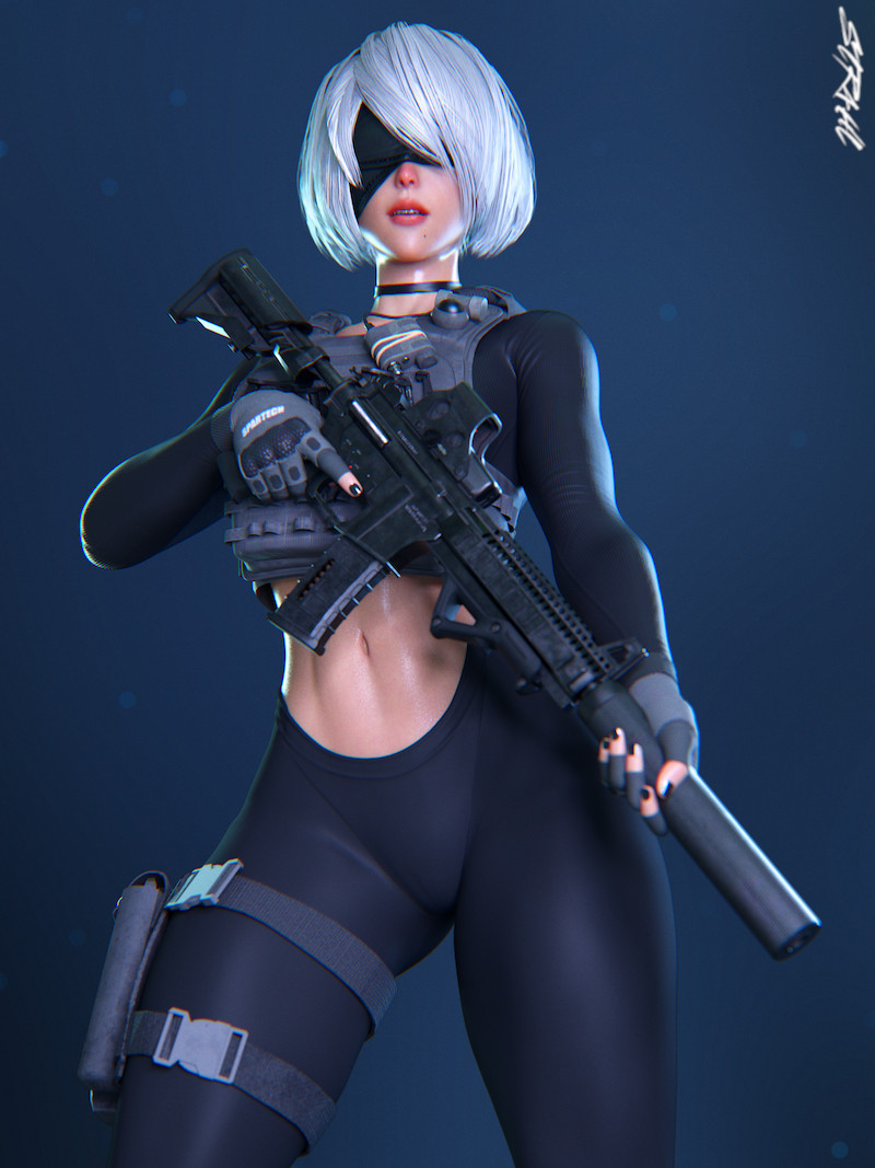3d, 3d (artwork), clothing, female, firearm, human, nier (series), nier: automata, pale skin, rifle, str4hl, suppressor, tagme, weapon, yorha 2b