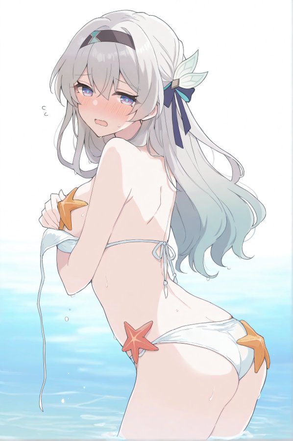 ai generated, ass, bikini, blush, breasts, ebimaru daicon, embarrassed, female, firefly (honkai: star rail), honkai: star rail, mihoyo, starfish, white bikini