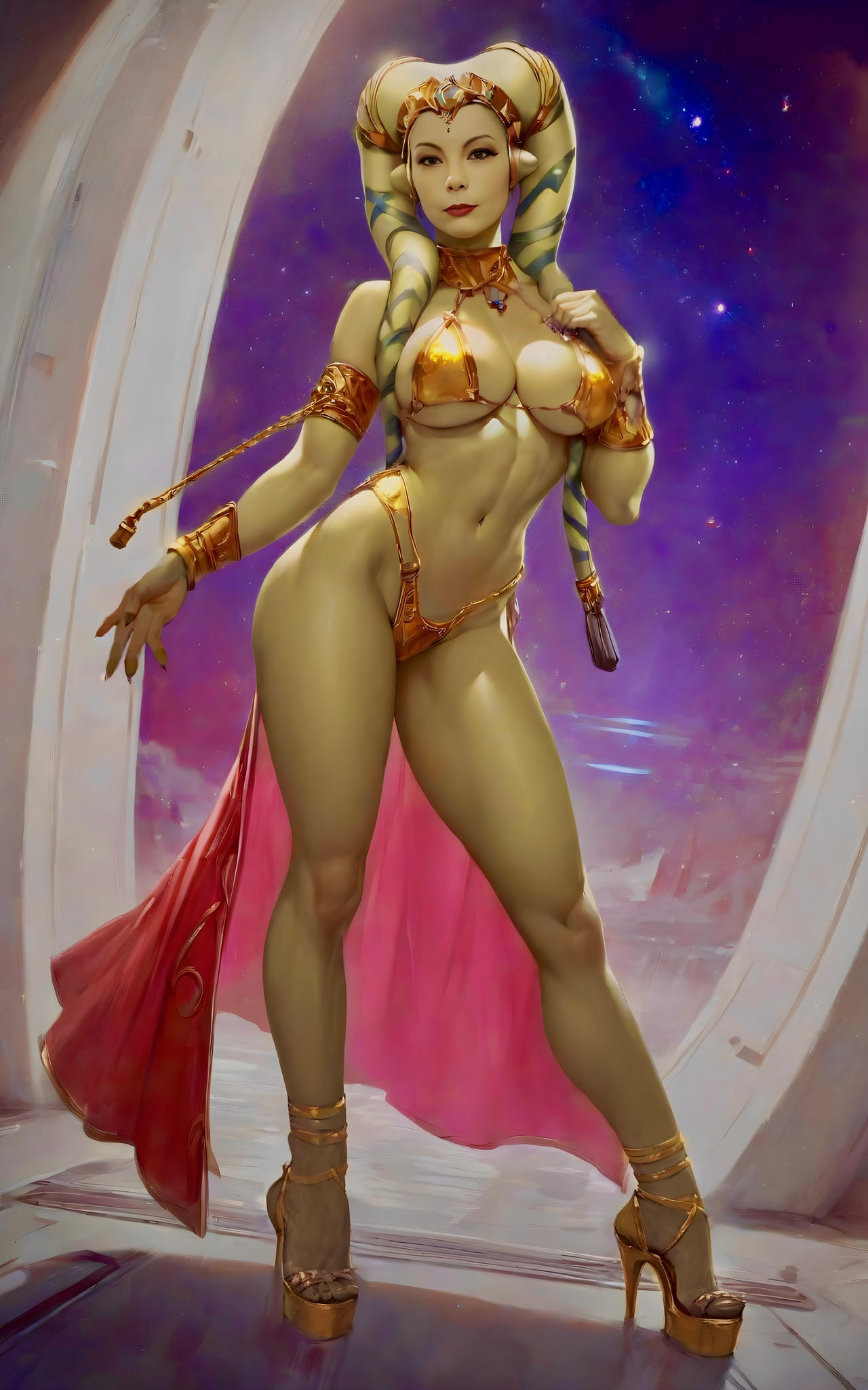 ai_generated belly_dancer belly_dancer_outfit bikini brown_eyes dancer green_skin harem_girl harem_outfit high_heels large_breasts looking_at_viewer mrsroarke oola slave slave_outfit slavegirl star_wars twi'lek voluptuous