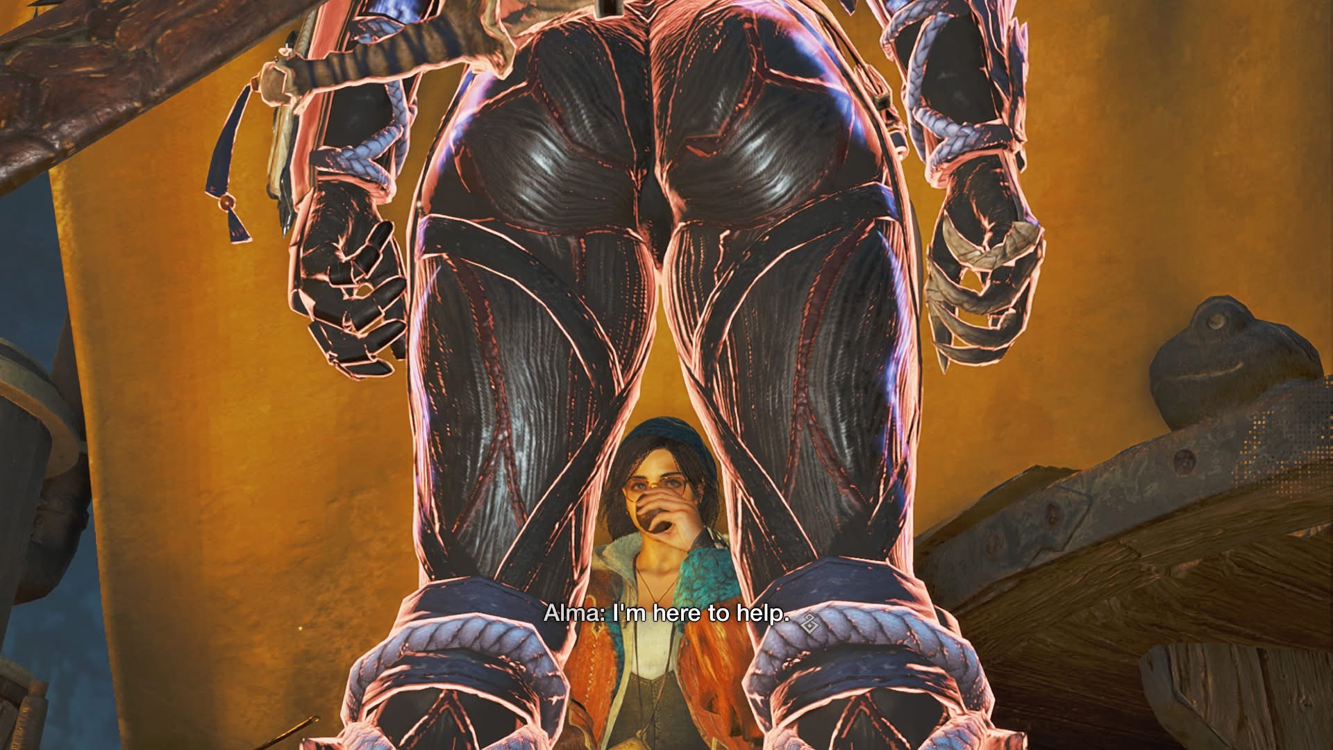 2girls, 2women, alma (monster hunter wilds), armored female, ass, ass focus, ass shot, athletic, athletic female, black gloves, black leggings, black pants, caked up, capcom, desk, dialogue, drink, ebony odogaron, english text, fat ass, female, female focus, glasses, glasses on head, gothic, hilarious, hunter (monster hunter), knife, legs together, low-angle view, meme caption, monster hunter, monster hunter (series), monster hunter wilds, monster hunter world, night sky, nighttime, ninja girl, ninja mask, no panties, no underwear, odogaron (armor), official art, official style, outdoors, rear view, round ass, screencap, skin tight, slim female, standing, subtitles, tan skin, thick thighs, thong panties, toned, toned female, unseen female face