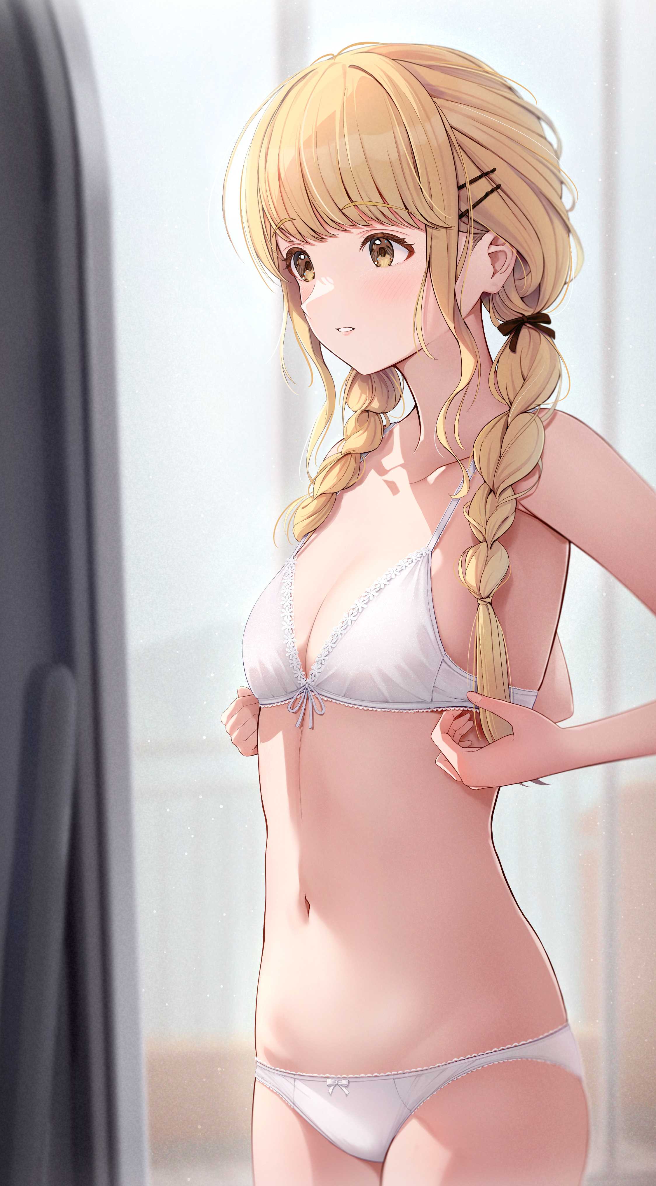 1girls, absurdres, adjusting bra, adjusting clothes, blonde hair, bow panties, bra, braid, breasts, cleavage, commentary request, female, fujinomiya rio, fujita kotone, gakuen idolmaster, hair ornament, hairclip, highres, idolmaster, indoors, long hair, looking at mirror, mirror, navel, panties, parted lips, small breasts, solo, standing, stomach, twin braids, underwear, white bra, white panties, yellow eyes
