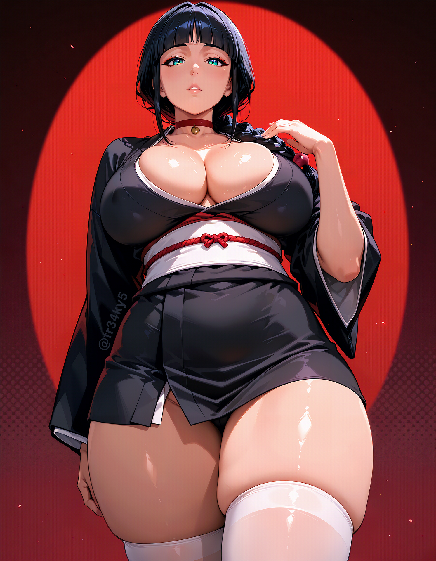 ai generated, bleach, bleach: the thousand-year blood war, breasts, cleavage, female, fr34ky, huge breasts, kimono, kurotsuchi nemu, thick thighs, thighhighs