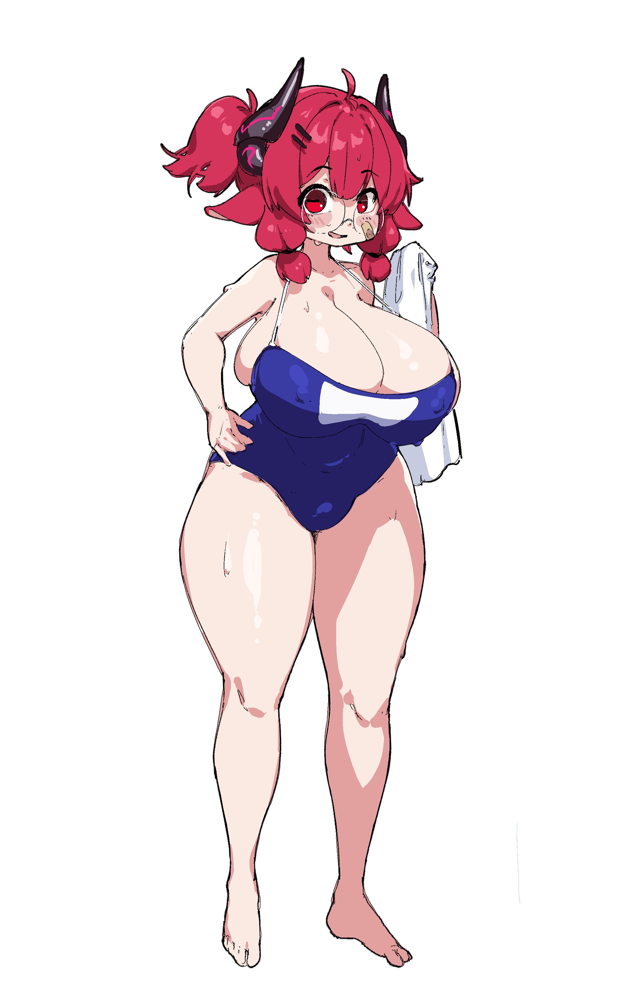 1girls, ahoge, animal ears, bandage on face, barefoot, blush, breasts, covered erect nipples, crr001, curvy, female, glasses, goat ears, goat girl, goat-chan (enarane), horns, huge breasts, light skin, light-skinned female, open mouth, overflowing breasts, red eyes, red hair, rr001c, school swimsuit, skindentation, solo, swimsuit, thick thighs