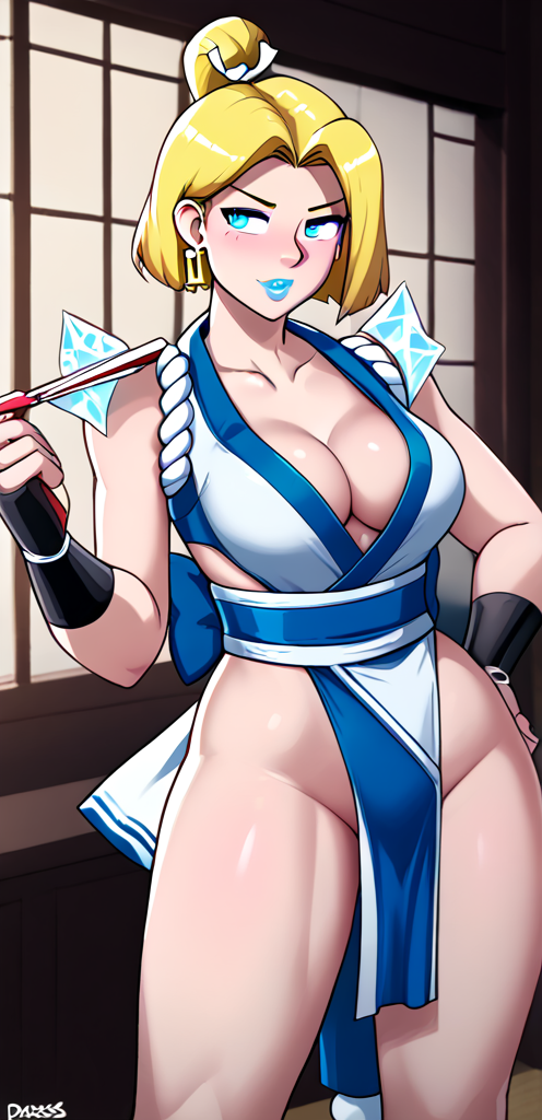 ai_generated aianonguy blonde_female blonde_hair blue_lipstick bob_cut caucasian caucasian_female cleavage cosplay costume dross_(style) emma_frost emma_frost_(marvel_rivals) fatal_fury king_of_fighters mai_shiranui_(cosplay) marvel marvel_rivals pantsless pelvic_curtain self_upload snk stable_diffusion thighs