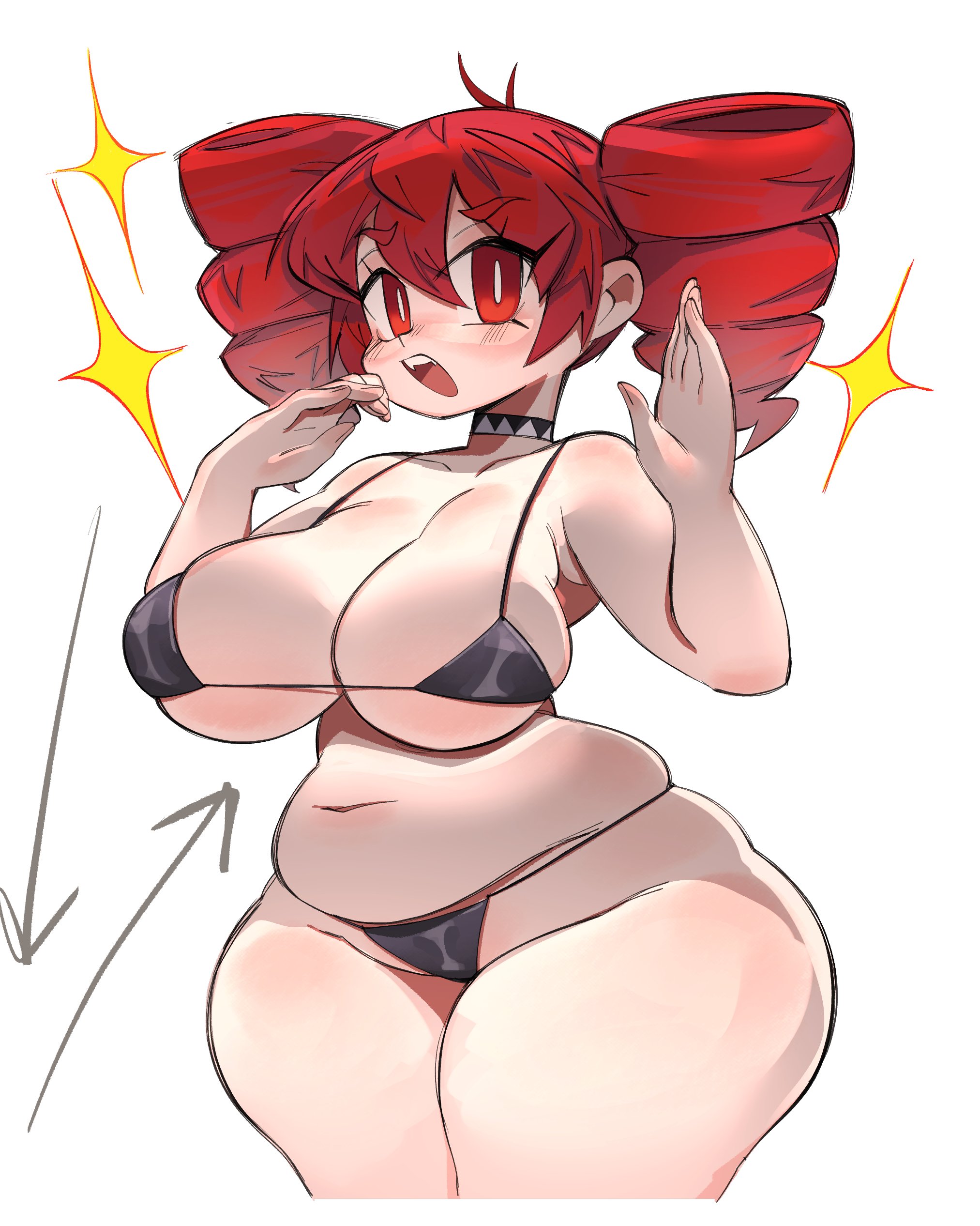 1girls, absurdres, ahoge, antenna hair, arrow (symbol), big breasts, bikini, black bikini, breasts, choker, cleavage, commentary, curvaceous, curvy, curvy female, drill hair, female, female only, groin, highres, hourglass figure, huge breasts, huge thighs, kasane teto, kaziedell, large breasts, looking at viewer, micro bikini, navel, open mouth, plump, red eyes, red hair, short hair, simple background, slightly chubby, solo, solo female, star (symbol), stomach, swimsuit, twin drills, utau, voluptuous, voluptuous female, white background, wide hips