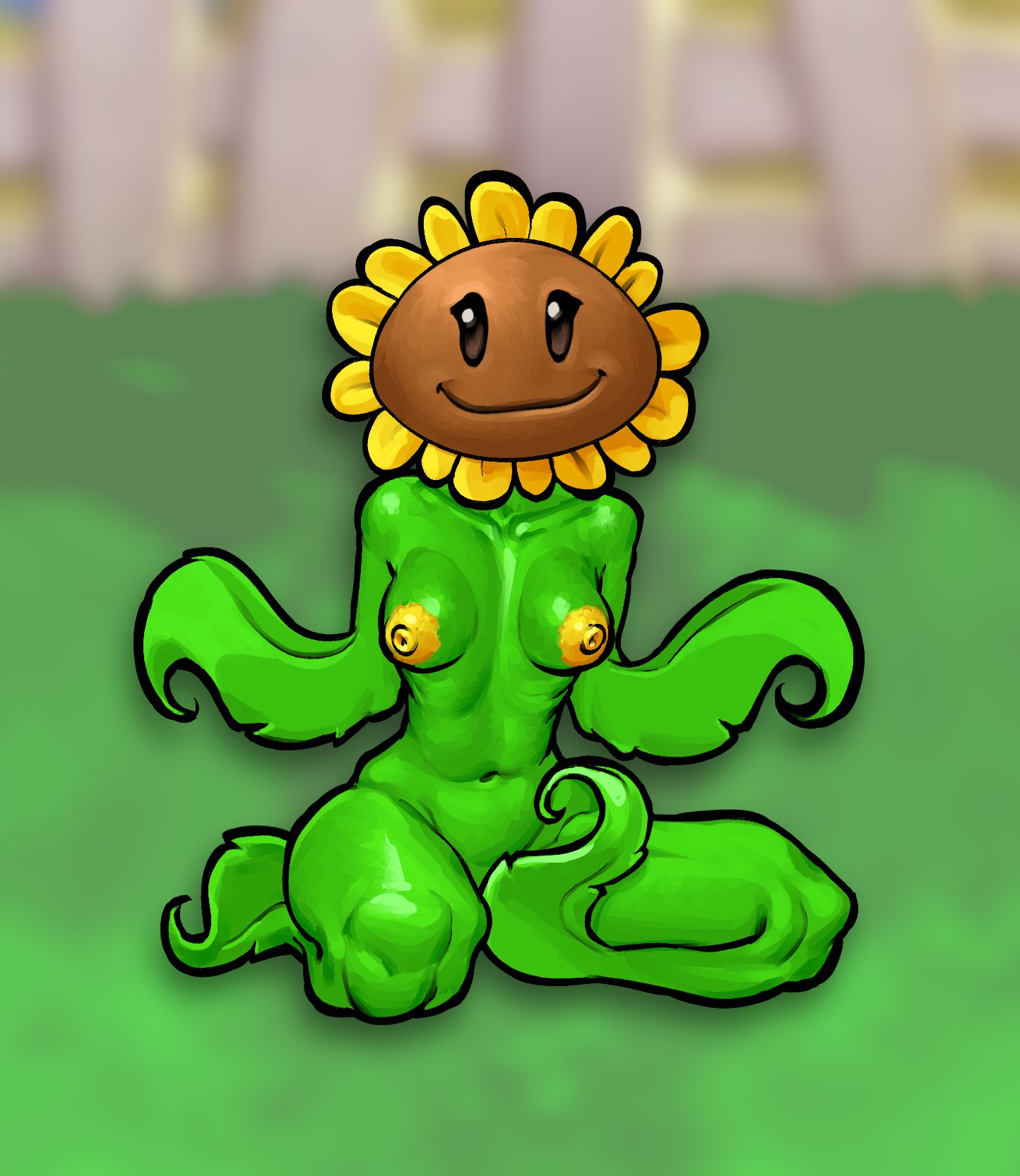 1girls, 2d, accurate art style, average breasts, female focus, flora fauna, medium breasts, plant girl, plant humanoid, plantie, plants vs zombies, sitting, sitting on grass, small breasts, solo, solo female, sunflower (pvz), waneczka228, yellow areola, yellow areolae, yellow nipples