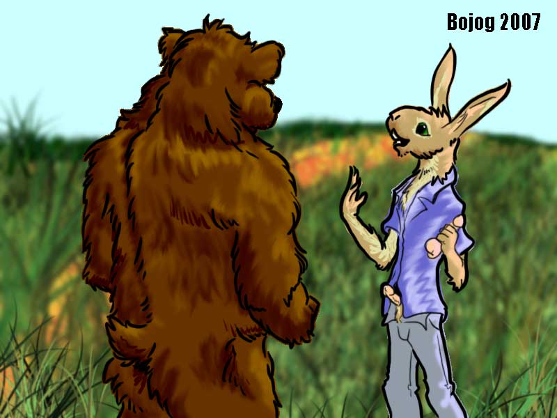 2007 anthro ass bear bojog chubby clothed clothing color day dildo erection exhibitionism fur furry furry_only gay grass interspecies male nude open_mouth outdoors penis predator/prey public sex_toy shirt sky small_penis