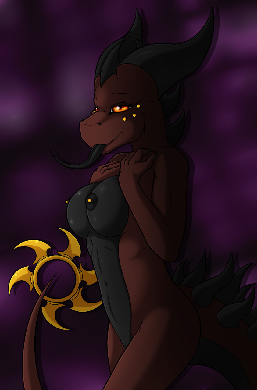 anthro breasts brown_skin claws dragon female horn kurtassclear looking_at_viewer nipples nude orange_eyes piercing scalie smile solo spikes standing tongue