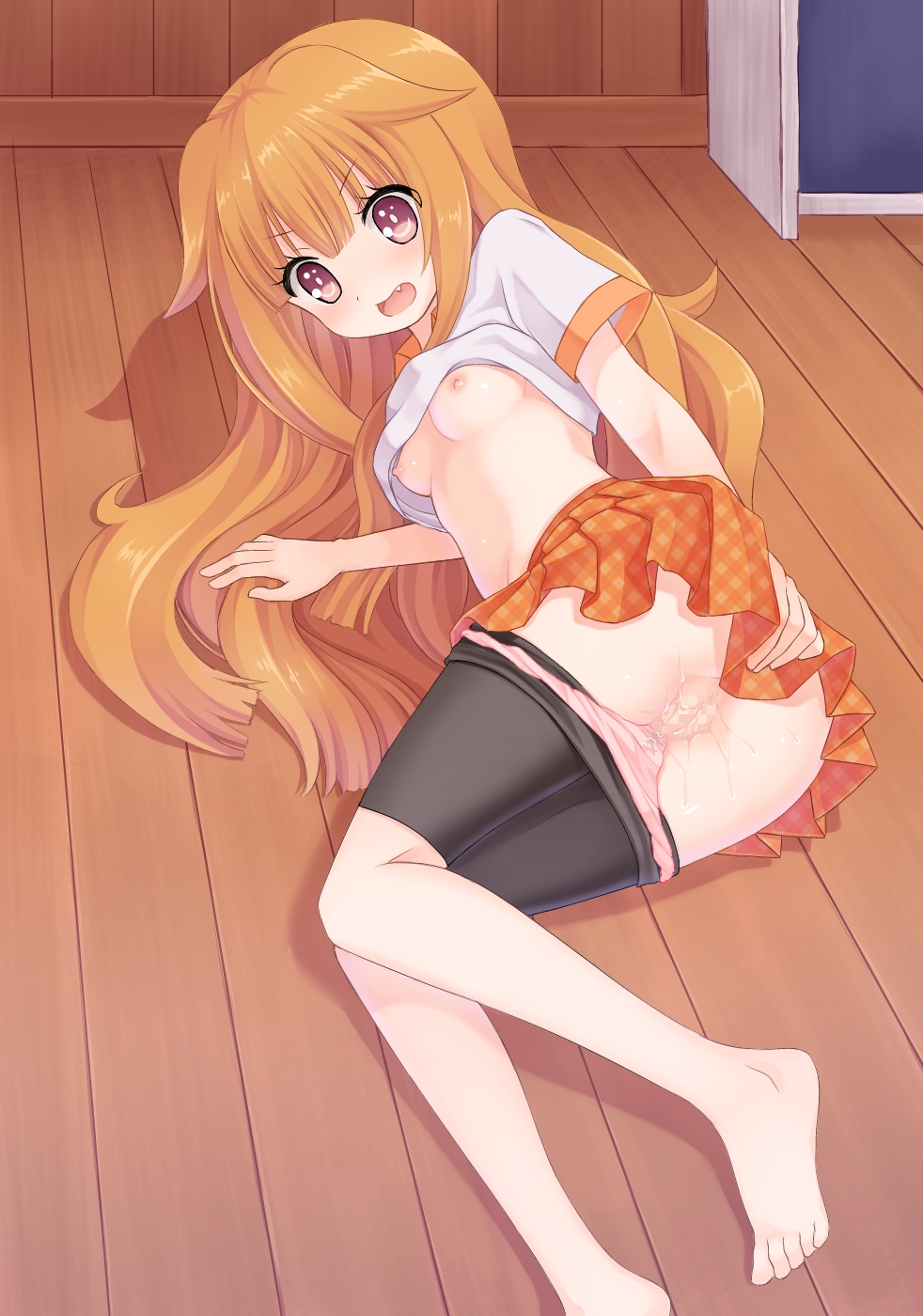 amatsuka_mao_(gj-bu) ass barefoot bike_shorts blush breasts brown_eyes censored cute_fang gj-bu highres long_hair lying mawarimichi nipples on_side orange_hair panties panty_pull pussy shirt_lift shorts shorts_pull underwear upskirt