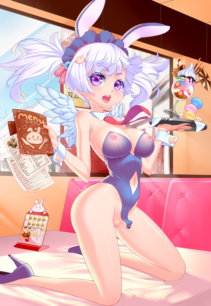 animal_ears beige_skin blush breasts bunny_ears bunnysuit cafe clothes color detached_collar drink female female_only hair holding indoors kneeling leotard looking_at_viewer lucknight maid_headdress menu navel nipples open_eyes open_mouth original purple_eyes pussy see-through sheer smile solo table tied_hair tray twintails uncensored vulva waitress white_hair wings wrist_cuffs