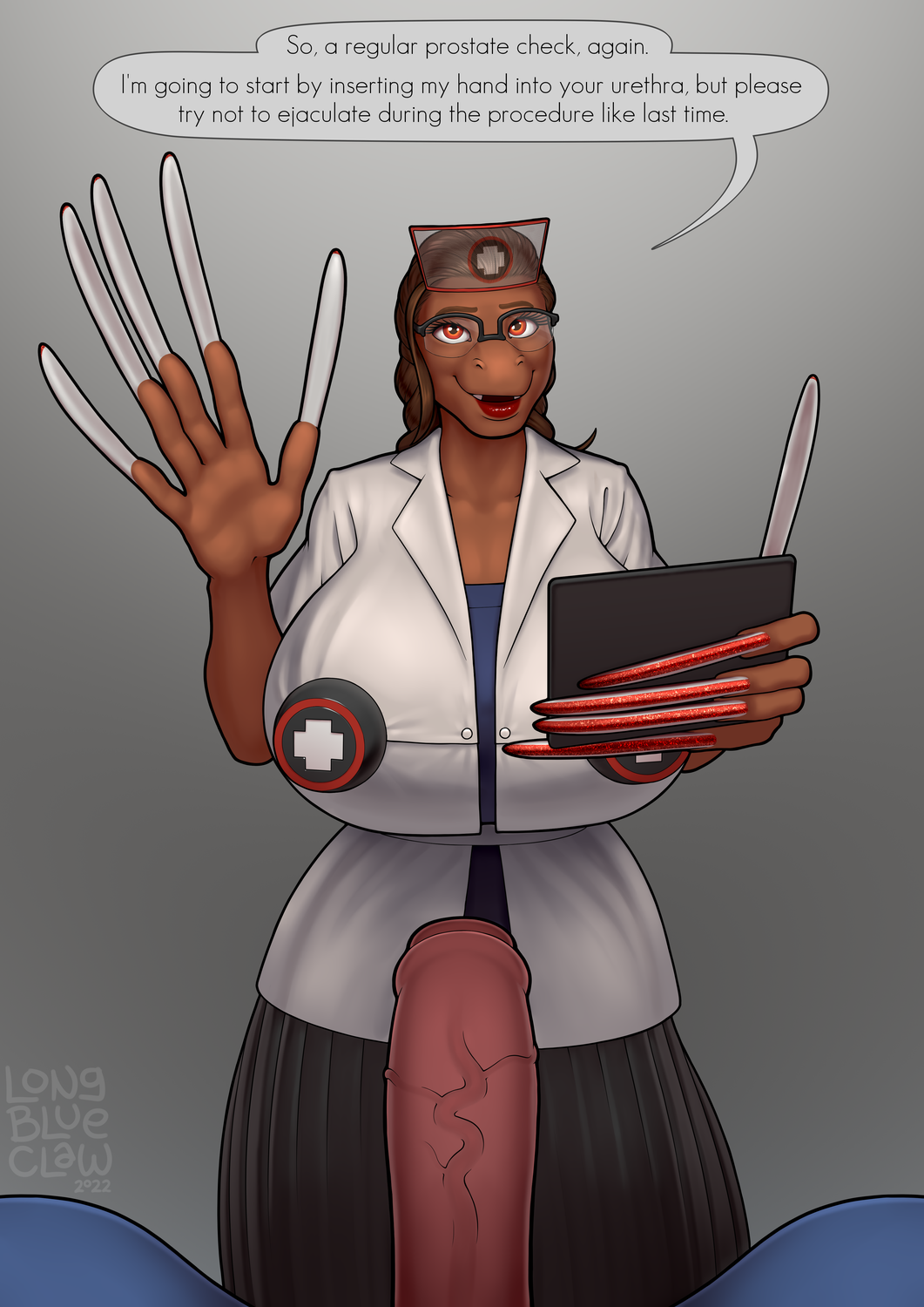 2022 anthro big_breasts breasts digital_media_(artwork) duo erection female female_focus first_person_view genitals hi_res holding_object huge_breasts humanoid_genitalia humanoid_penis long_nails longblueclaw male nails nurse open_mouth penis scalie simple_background solo_focus vein