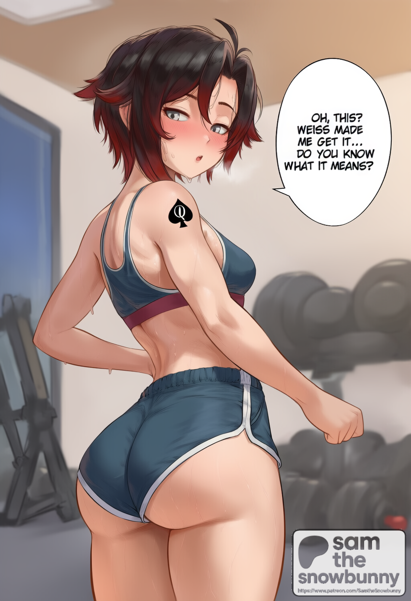 1girls, 2d, ai generated, ass, big ass, breasts, english text, female, female focus, female only, full body, nude, pale skinned female, patreon username, qos, qos tattoo, queen of spades, ruby rose, rwby, sam the snowbunny, solo, solo female, tattoo, text, thick, thick thighs, uncensored