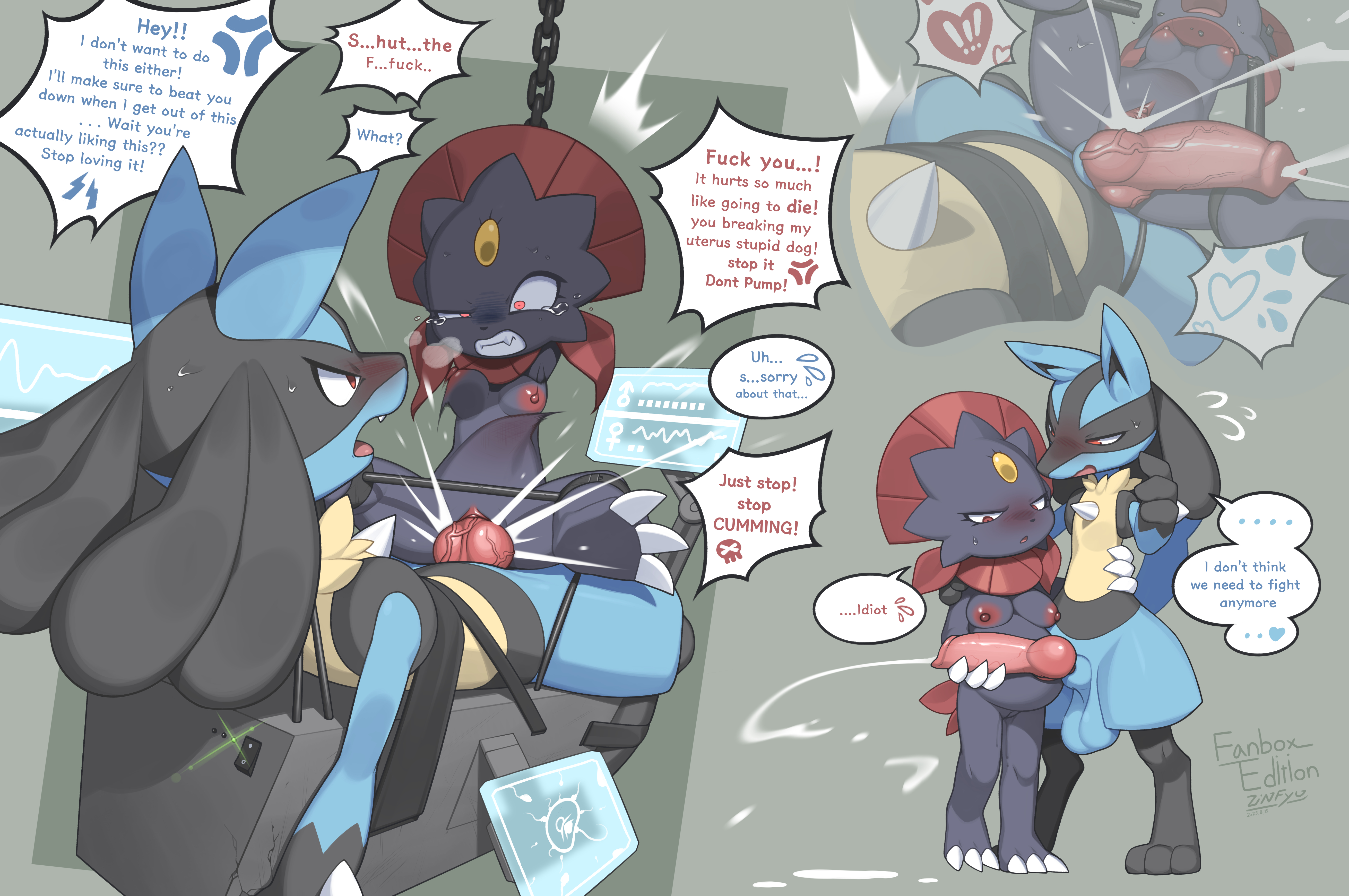 1girls, 2025, absurd res, animal genitalia, animal penis, anthro, anthro on anthro, anthro penetrated, anthro penetrating, anthro penetrating anthro, areola, balls, biped, blue body, blue fur, blue tail, blush, breasts, canine genitalia, canine penis, clenched teeth, cum, cum in pussy, cum inside, dialogue, digital drawing (artwork), digital media (artwork), english text, erection, female, female penetrated, forced partners, front view, fur, generation 4 pokemon, genitals, grey body, grey fur, hate sex, hi res, impregnation, interspecies, interspecies impregnation, knot, knotted penis, looking at another, looking down, lucario, lying, male, male penetrating, male penetrating female, male pokemon/female pokemon, male/female, mutual nonconsent, nintendo, nipples, nude, nude anthro, nude female, nude male, on back, open mouth, ovum, ovum deformation, penetration, penile, penile penetration, penis, penis in vagina, pokemon, pokemon (species), pregnant, profanity, pussy, rape, red eyes, restrained, sex, simple background, sitting, speech bubble, sperm cell, spread legs, standing, stomach bulge, tail, tears, teeth, text, tongue, vaginal penetration, vulva, weavile, x-ray, zinfyu