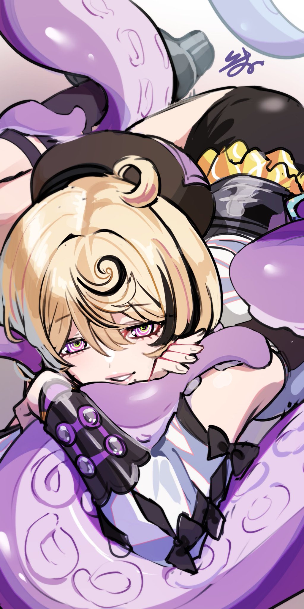 bed, bedroom eyes, bent legs, black highlights, blonde female, blonde hair, booty shorts, detached sleeves, exposed shoulders, eye lashes, female, female only, frills, fully clothed, hat, high heels, high waisted shorts, hoyoverse, hugging tail, humanoid, isuka syumi, lipgloss, looking at viewer, lying down, lying on stomach, mole, multicolored eyes, octopus girl, purple eyes, seductive look, short hair, signature, smile, solo, tail, tails, tentacle, tentacle around leg, tentacle on shoulder, tentacle tail, tentacle tails, thiren, visible breath, yidhari murphy, zenless zone zero