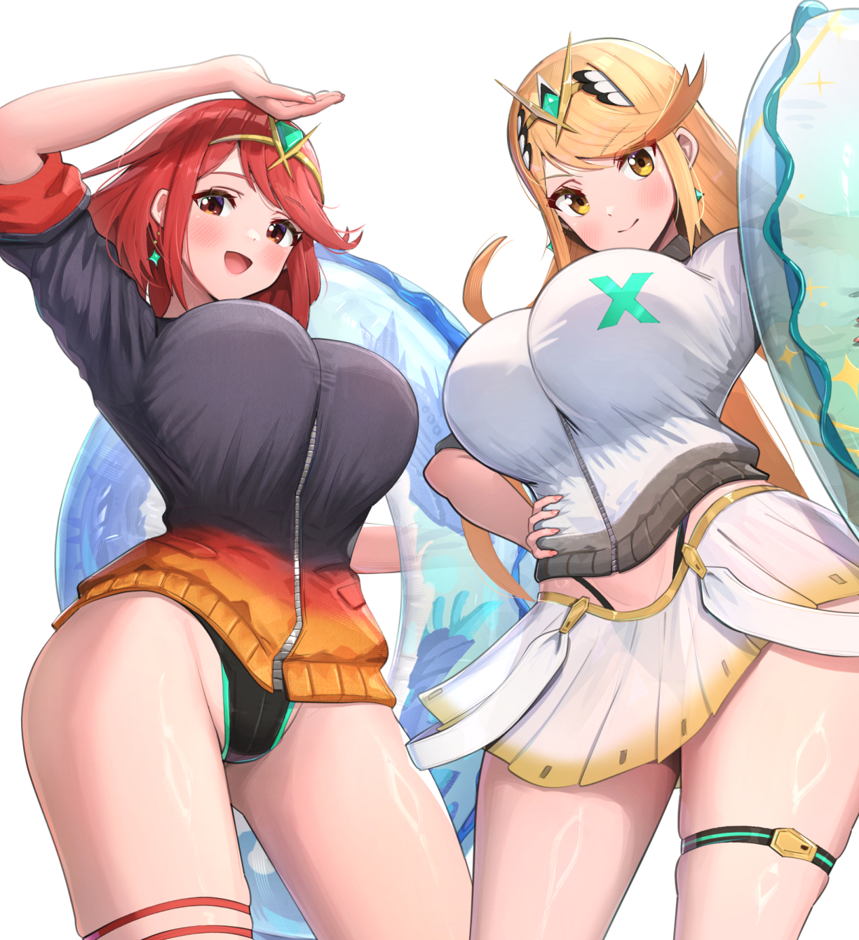 2girls, alternate costume, bikini, black bikini, black one-piece swimsuit, blonde hair, blush, breasts, closed mouth, commentary request, earrings, female, female only, floating earrings, from below, gonzarez, gradient clothes, headpiece, highres, holding, holding swim ring, innertube, jacket, jewelry, large breasts, long hair, looking at viewer, multiple females, multiple girls, mythra, one-piece swimsuit, open mouth, pyra, pyra (pro swimmer) (xenoblade), red eyes, red hair, short hair, simple background, skirt, sleeves rolled up, smile, swept bangs, swim ring, swimsuit, swimsuit under clothes, tags, thigh strap, tiara, very long hair, white background, white jacket, white skirt, xenoblade chronicles (series), xenoblade chronicles 2, yellow eyes
