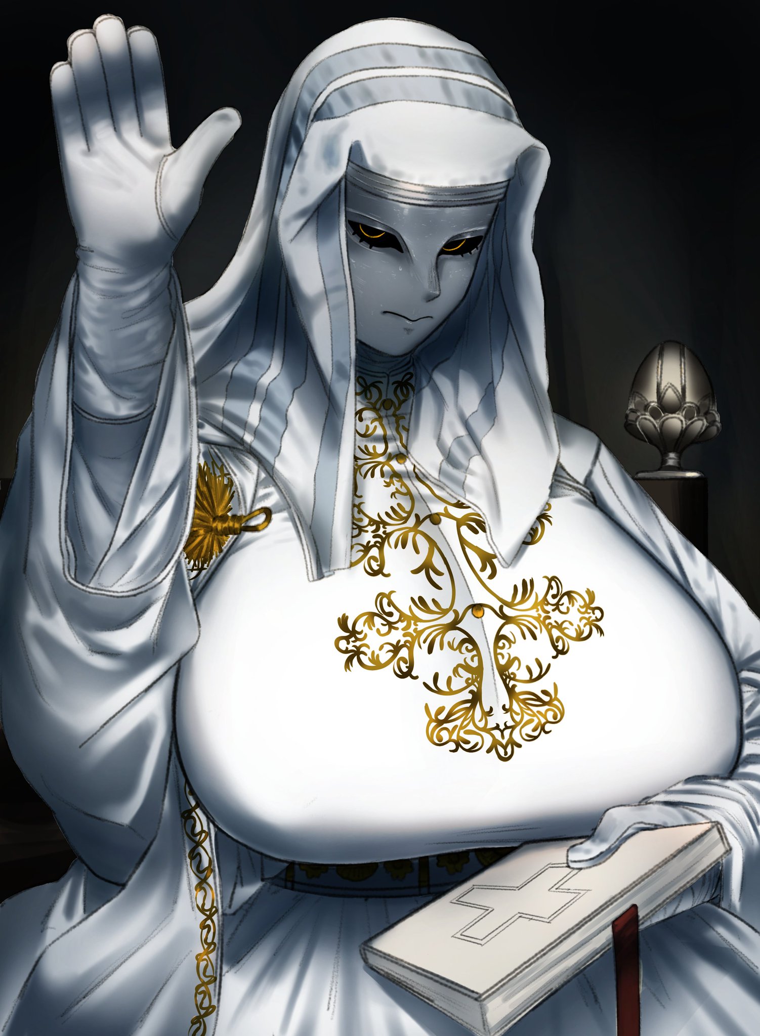 1girls, bible (object), big breasts, breasts, clothed female, female, genderswap (mtf), gloves, huge breasts, king baldwin iv, kingdom of heaven, long gloves, mask, masked female, meme, nadsaeng, robe, rule 63, solo, solo female, white gloves, white robe