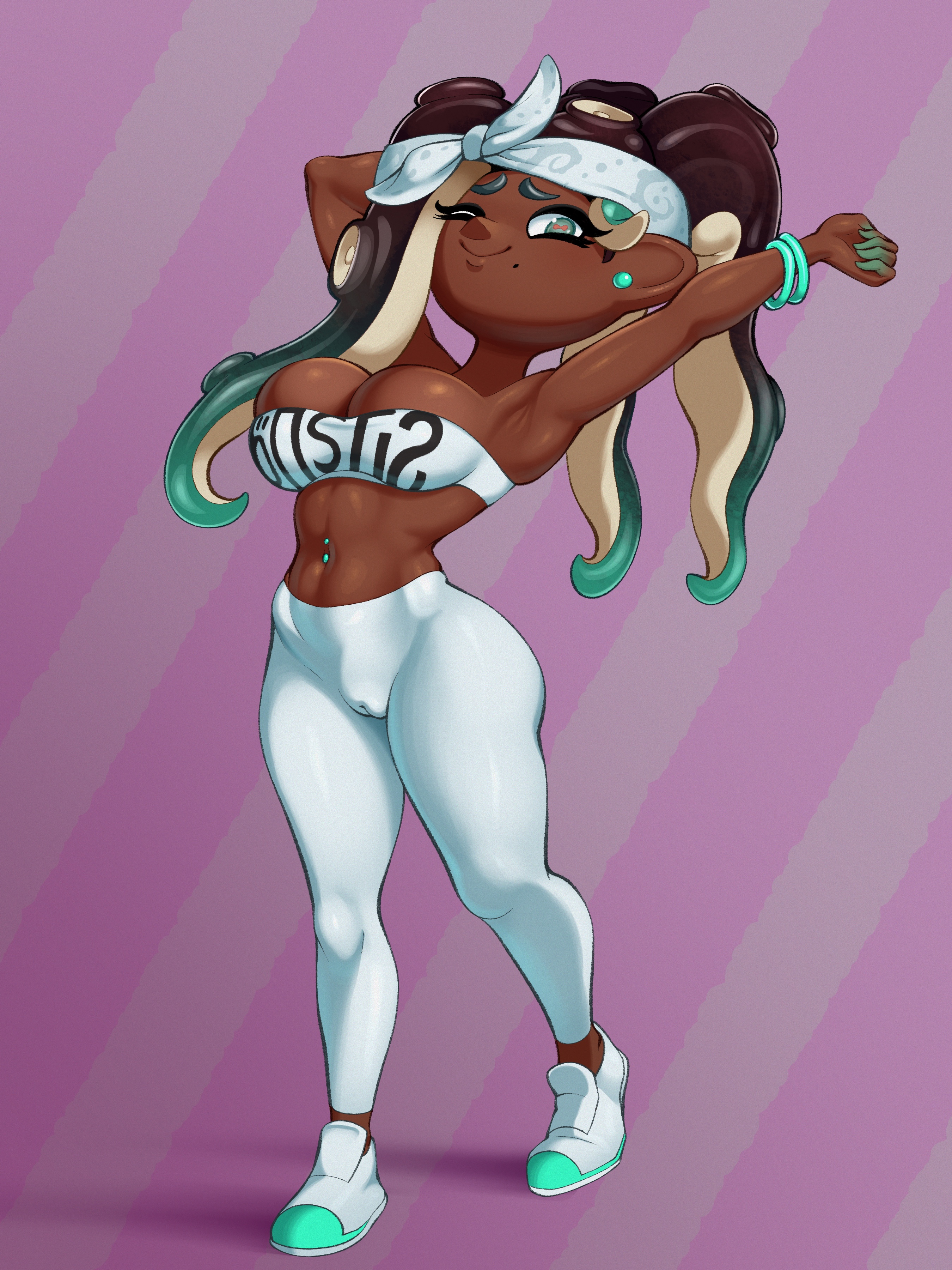 1girls, 2025, arm behind head, armpits, arms up, bandeau, big breasts, bottomwear, bracelet, bracelets, breasts, cameltoe, clothed, clothing, curvaceous, curvy, curvy figure, dark skin, dark-skinned female, earrings, eyelashes, female, female only, footwear, hairband, hi res, highres, impossible clothes, long hair, marina (splatoon), mole, mole under mouth, navel piercing, nintendo, octoling, one eye closed, shiny skin, simple background, skindentation, sleepiitreat, solo, solo female, splatoon, splatoon (series), splatoon 2, stretching, tentacle hair, thick legs, thick thighs, tight clothing, topwear, wide hips