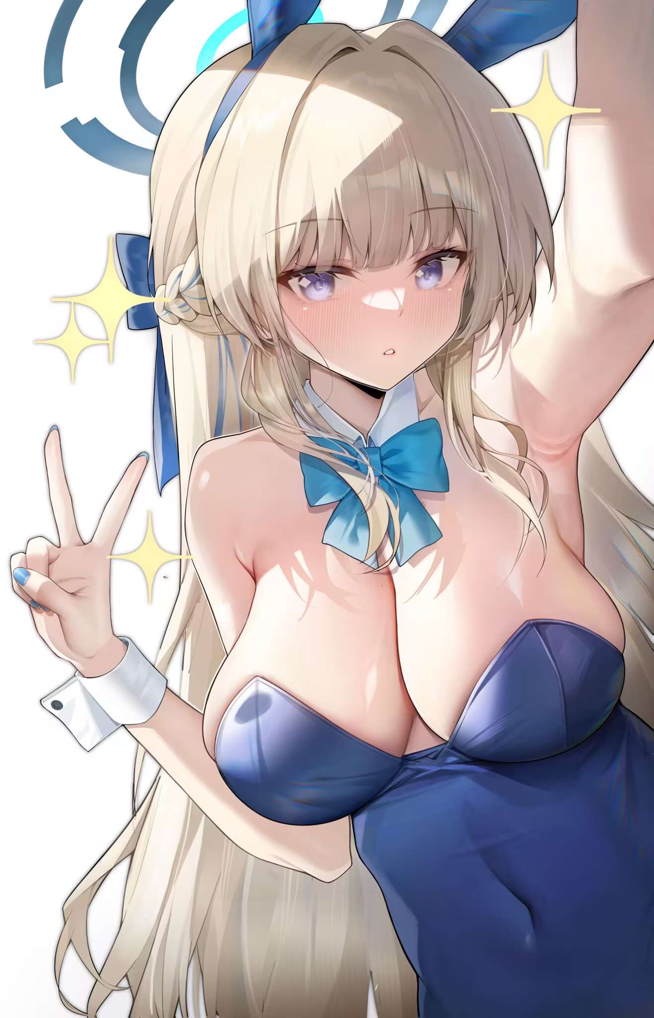 1girls, alternate breast size, arm up, armpits, bare shoulders, blonde hair, blue archive, blue bow, blue bowtie, blue eyes, blue halo, blue leotard, blue nails, blush, bow, bowtie, breasts, cleaning & clearing (blue archive), cleavage, commentary request, detached collar, fake animal ears, fake rabbit ears, female, fingernails, hairbow, halo, highres, jihua tong, large breasts, leotard, light skin, light-skinned female, long hair, looking at viewer, millennium science school student, nail polish, simple background, solo, strapless, strapless leotard, toki (blue archive), toki (bunny) (blue archive), upper body, v, white background, white wrist cuffs, wrist cuffs