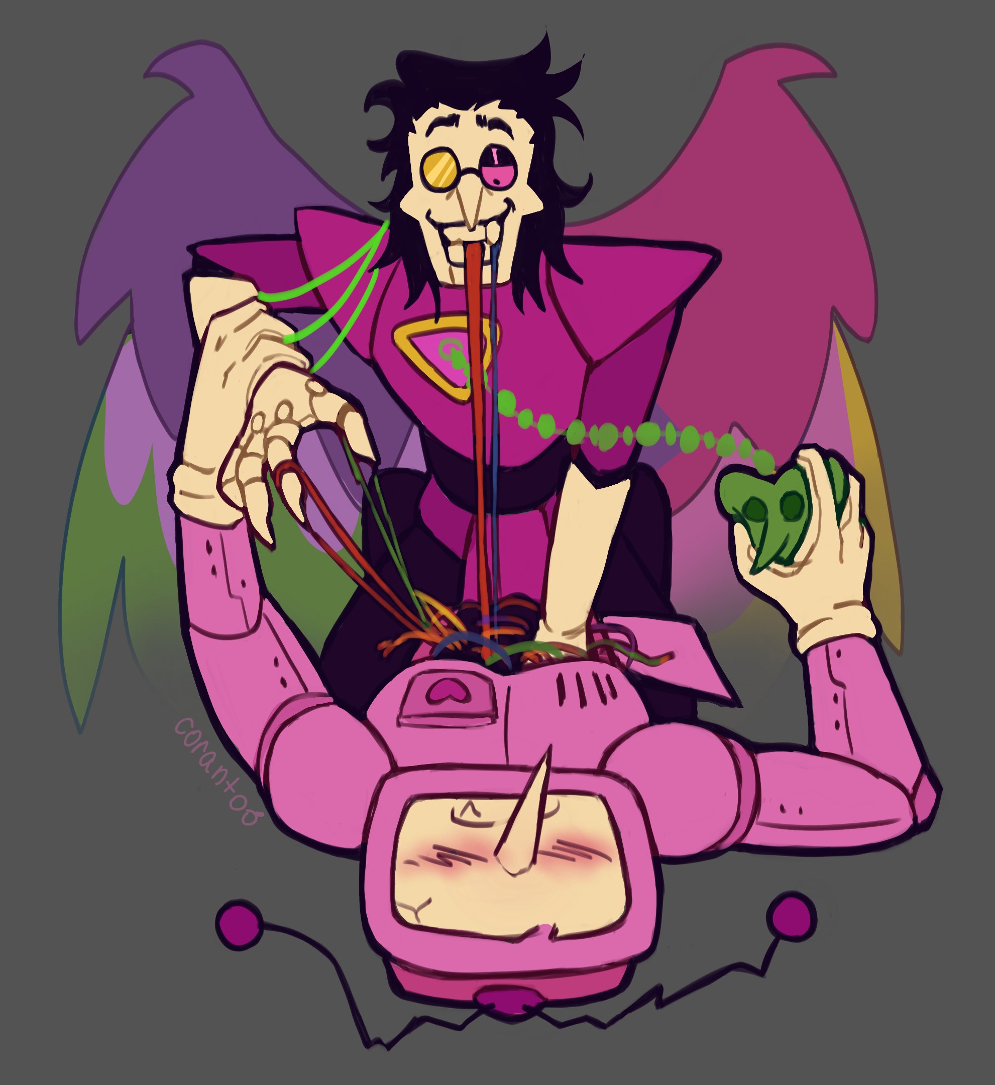 2boys, blush, clothed, deltarune, domination, gay, male, mechanophilia, nude, robophilia, spamtenna, spamton g spamton, spamton neo, tagme (artist), tenna (deltarune), wire, wireplay, yaoi