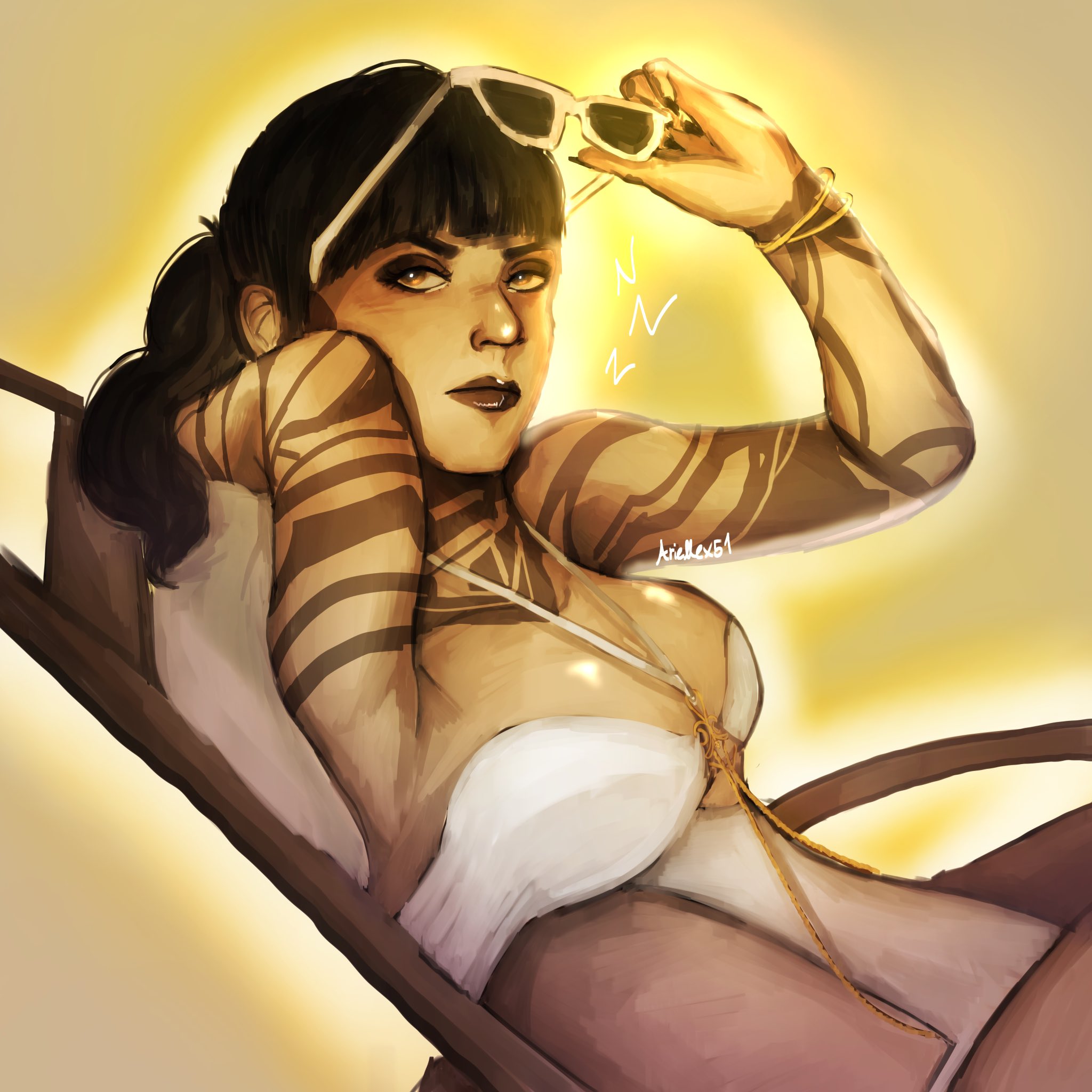 1girls, 2d, ariellex51, big breasts, black hair, breasts, call of duty, call of duty black ops 7, emma kagan, eyewear removed, female, female only, kiernan shipka, sunglasses, swimsuit