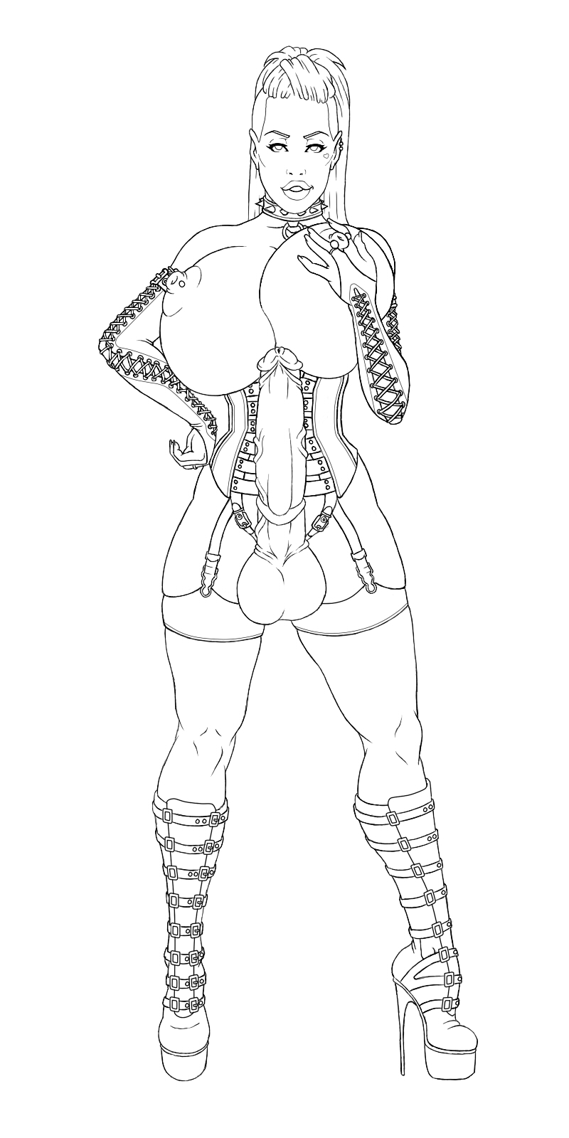 1futa, areola, big lips, bimbo, breasts, busty, cleavage, corset, futa only, futanari, garter straps, heels, high heel boots, high heels, intersex, latex, neolemus, nipples, platform heels, singel, solo, spiked collar, tagme, voluptuous