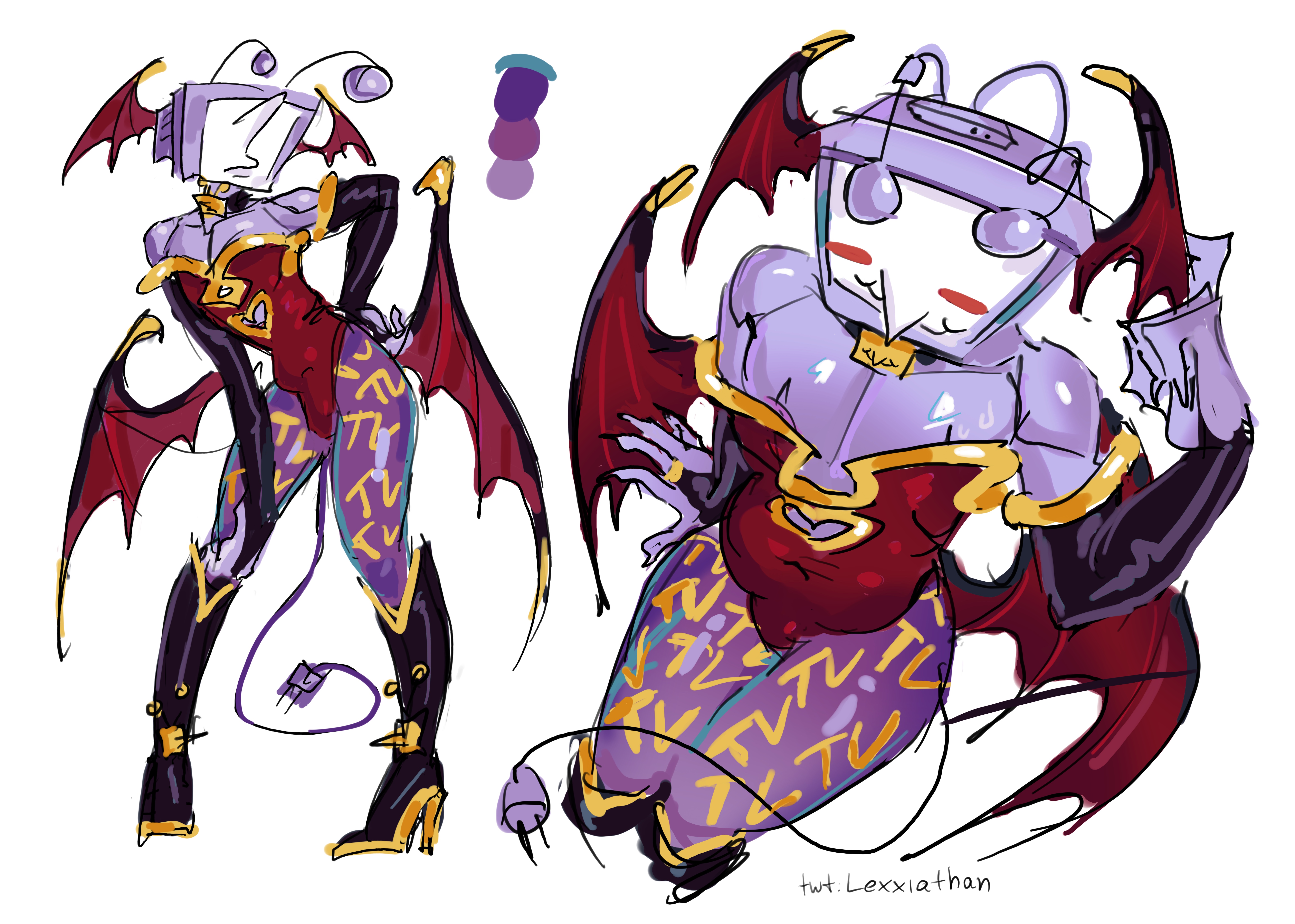 antennae, blush, bodysuit, bodysuit bulge, bodysuit with heels, boots, choker, claws, crossdressing, deltarune, deltarune chapter 3, demon, demon boy, demon wings, digital art, digital drawing (artwork), digital media (artwork), gay, gay male, gloves, incubus, lexxiathan, male, male focus, male only, robot, sketch, sleep paralysis demon, tenna (deltarune), tights, tv head