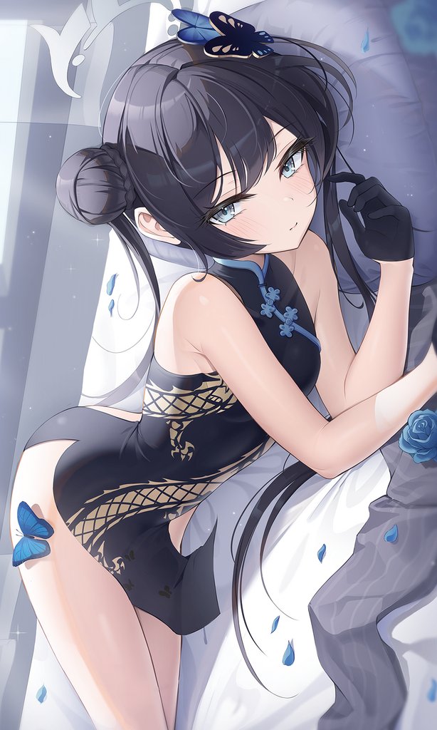 1girls, artist request, black hair, blue archive, blue eyes, blue rose, butterfly, butterfly hair ornament, china dress, curved back, female, kisaki (blue archive), petals, qipao, rose