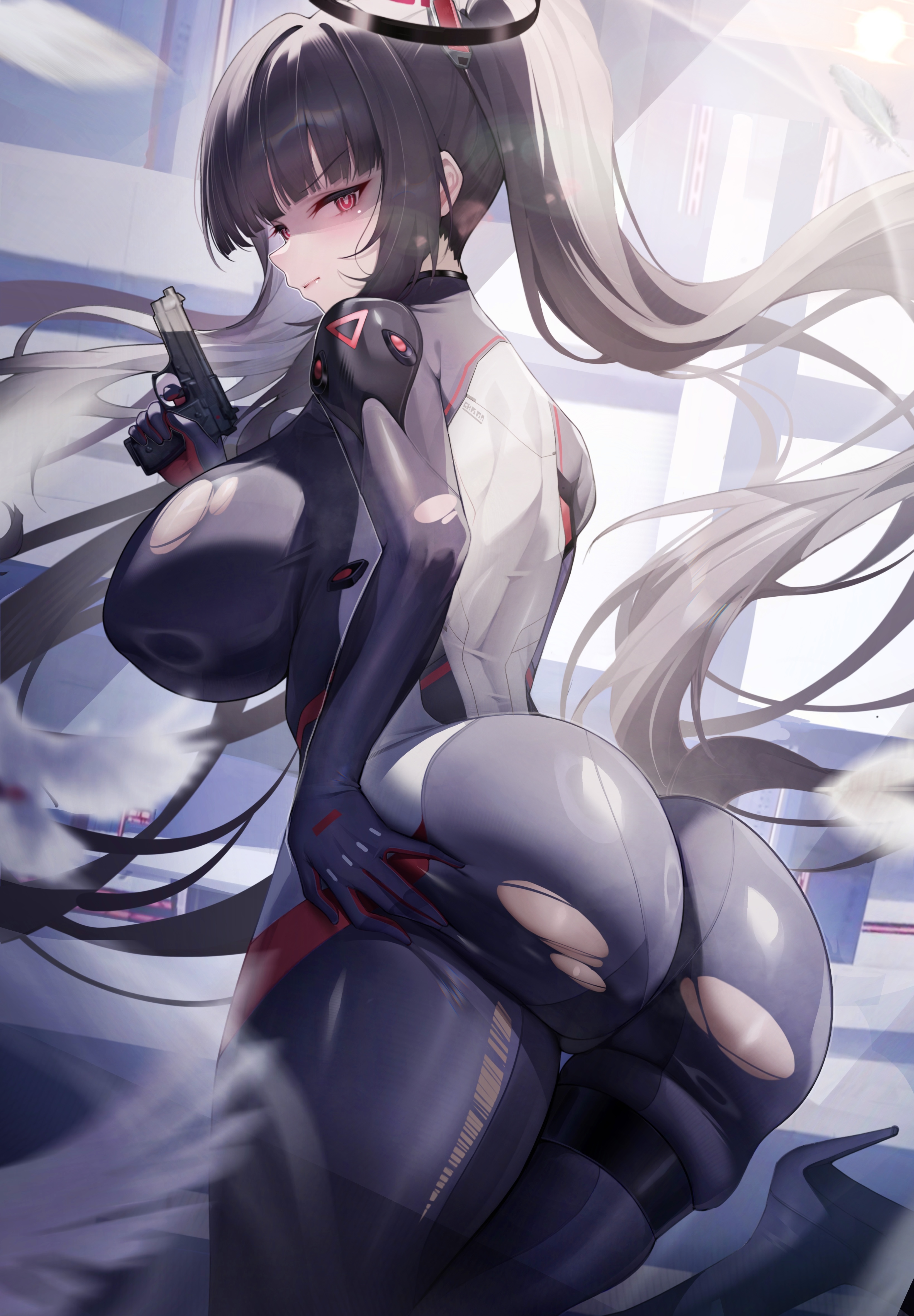 absurdres, ass, black bodysuit, black hair, blue archive, blurry, bodysuit, breasts, curvy, depth of field, female, from behind, gun, handgun, highres, holding, holding gun, holding weapon, huge breasts, jihua tong, long hair, looking back, red eyes, rio (armed) (blue archive), rio (blue archive), skin tight, solo, thighs, torn bodysuit, torn clothes, very long hair, weapon