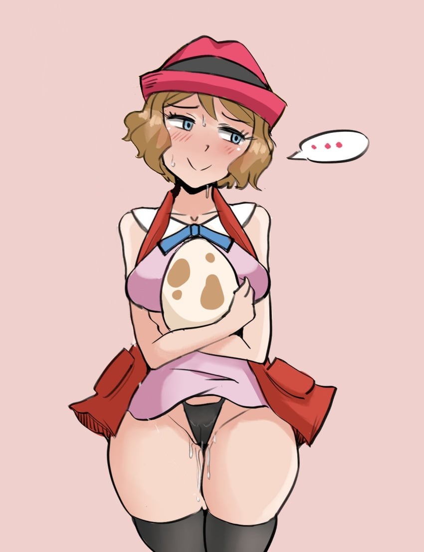1girl, 1girls, black panties, blue ribbon, blue ribbon stripe, blush, breasts, cum drip, cum inside, curvy, egg, female, female focus, female only, hat, human, looking away, mother, pokemon, pokemon (anime), pokemon xy (anime), reach025, ribbon, serena (pokemon), skirt, skirt lift, skirt up, solo, thighs