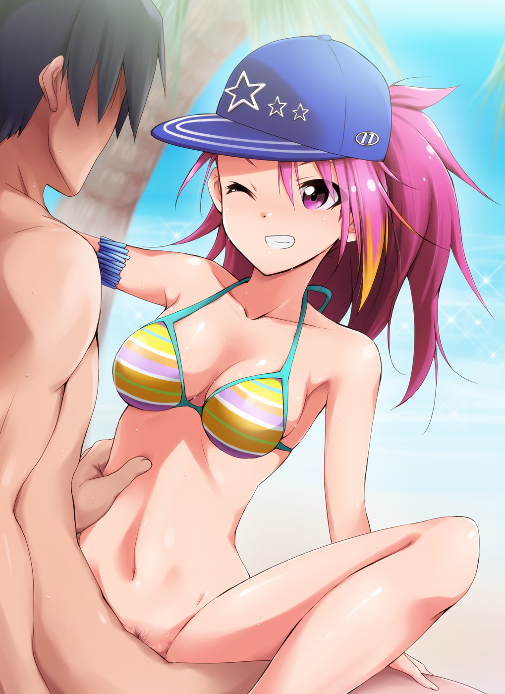 armlet ayumu_maihama baseball_cap bikini_top blush bottomless breasts censored cleavage clenched_teeth cowgirl_position female hat highres human idolmaster idolmaster_million_live! jewelry kaiga long_hair male multicolored_hair navel penis pink_eyes pink_hair pubic_hair pussy sex shiny shiny_skin sitting smile solo_focus spread_legs straddling straight striped sweat swimsuit vaginal_penetration wink