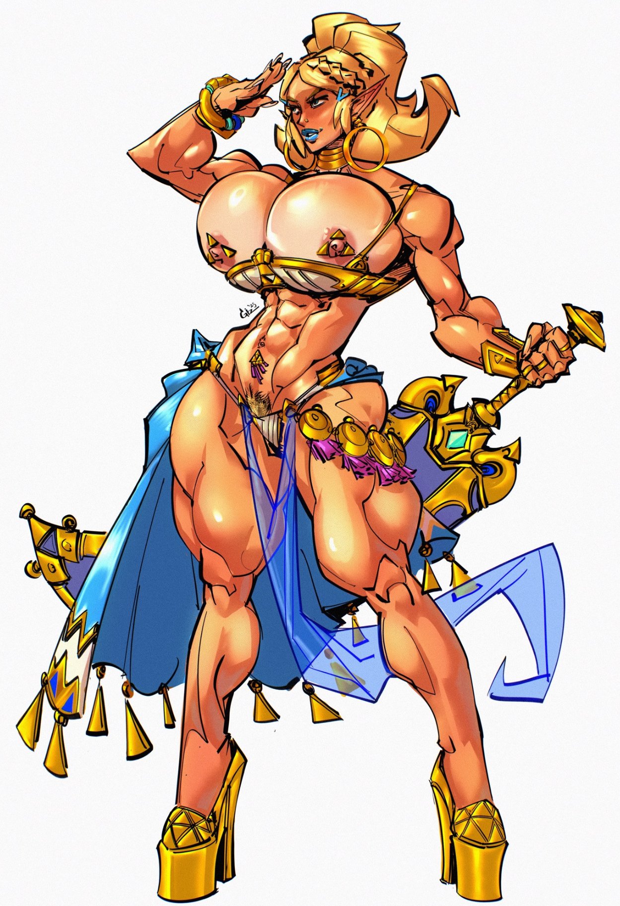 1girls, 2025, abs, artist signature, bimbo, blonde hair, blonde pubic hair, blue eyes, blue lipstick, bracelet, breasts, earrings, elf ears, female, female only, female pubic hair, gizmotic, hair, heels, huge breasts, hylian, hylian ears, jewelry, large thighs, lipstick, long nails, makeup, massive breasts, muscular, muscular female, muscular thighs, navel, navel piercing, necklace, nintendo, nipples, overflowing breasts, panties, pierced ears, pierced navel, pierced nipples, pierced nose, platform heels, pointy ears, princess zelda, pubic, pubic hair, pubic hair peek, simple background, solo, solo female, sword, the legend of zelda, thick thighs, toned, toned female, toned stomach, white background, wide hips, year