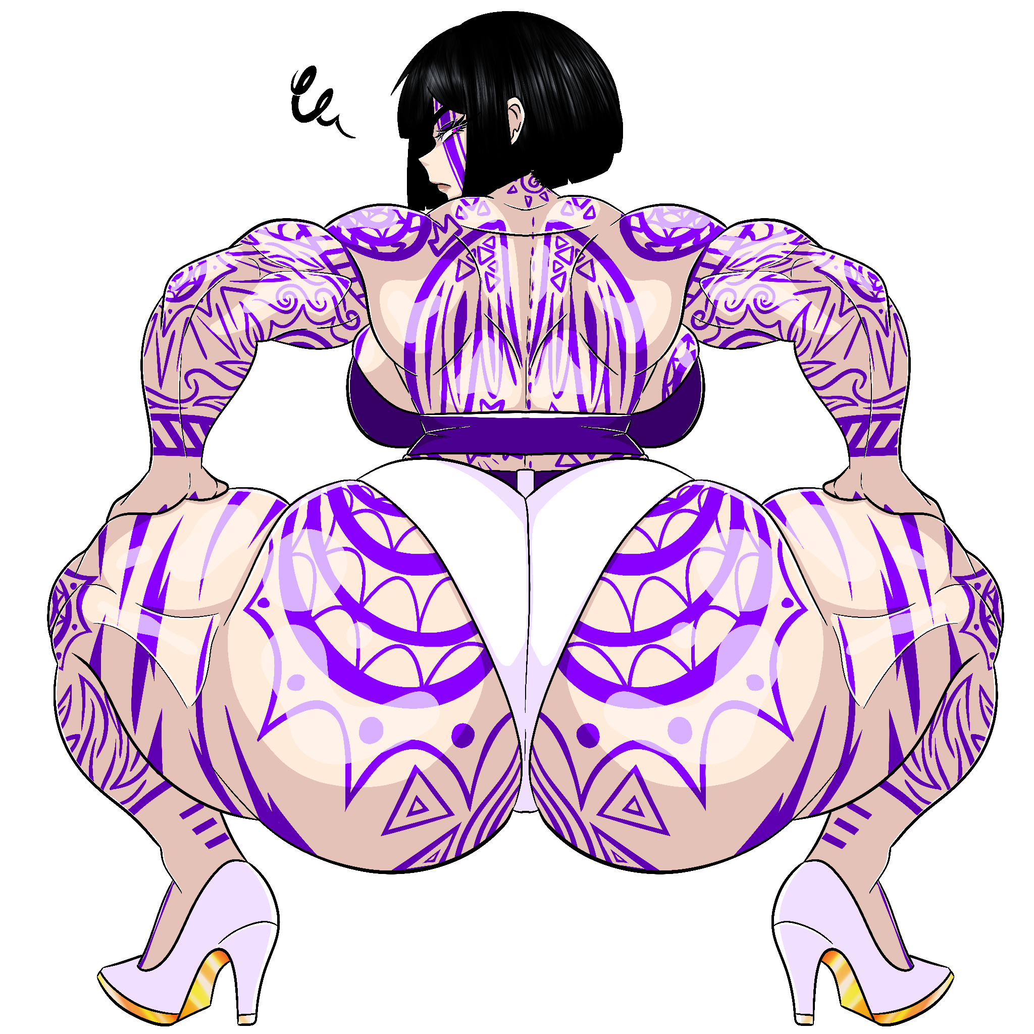 ass focus, big ass, big female, black hair, bob cut, breasts, crop top, dakkokki, fat, fat ass, female, female focus, female only, huge ass, large ass, large breasts, lex talionia, limbus company, muscles, muscular, muscular arms, muscular female, muscular legs, muscular thighs, original, original character, pink eyes, project moon, purple shirt, short hair, tattoo on back, tattooed arm, the middle (identity) (project moon), the middle never forgets, thick ass, thick thighs, tight clothing, twerk, twerking, white pants