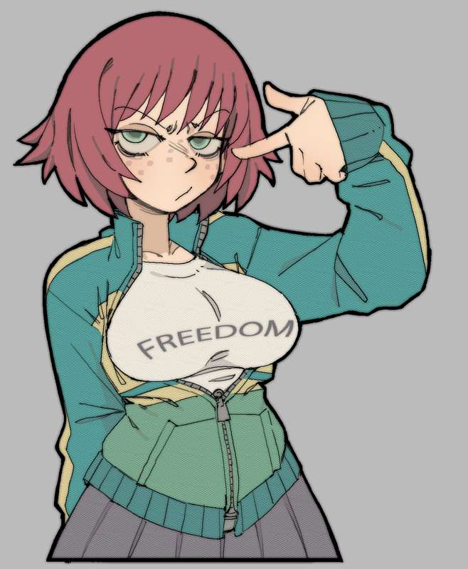 1girl, 1girls, angry, angry expression, angry face, barely contained, barely contained breasts, barely fits, boobs, breasts, breasts out, breasts too big, bursting breasts, clothed, clothed female, clothing, eyelashes, female, female focus, female only, female solo, freckles, freckles on face, freedom, freedom shirt, green eyes, green eyes female, green jacket, grey background, grey skirt, imminent wardrobe malfunction, jacket, kim pine, medium boobs, medium breasts, pantsu ripper, pointing at self, red hair, red hair female, redhead, redhead female, scott pilgrim, scott pilgrim takes off, short hair, short hair female, skirt, solo, solo female, solo focus, strained zipper, tagme, tight fit, too tight, undersized clothes, undersized clothing, white shirt, zipper