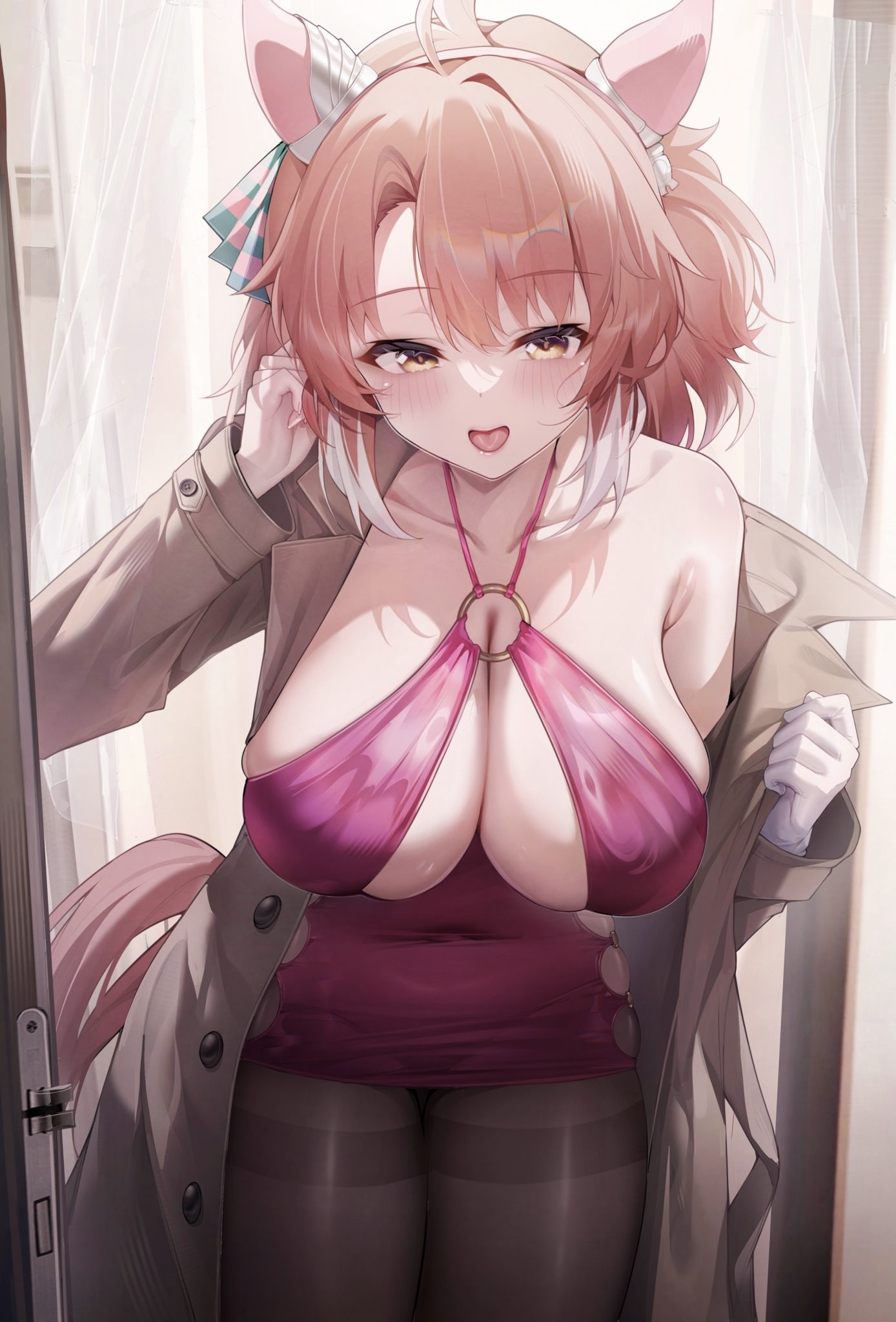 :p, alternate costume, animal ears, black pantyhose, bow, breasts, brown coat, coat, commentary request, dantsu flame (umamusume), ear covers, ear ribbon, female, gloves, highres, horse ears, horse girl, horse tail, jihua tong, large breasts, leotard, looking at viewer, multicolored hair, o-ring, o-ring leotard, o-ring top, open clothes, open coat, pantyhose, pink leotard, solo, tail, thighband pantyhose, thighs, tongue, tongue out, two-tone hair, umamusume, white gloves, white hair