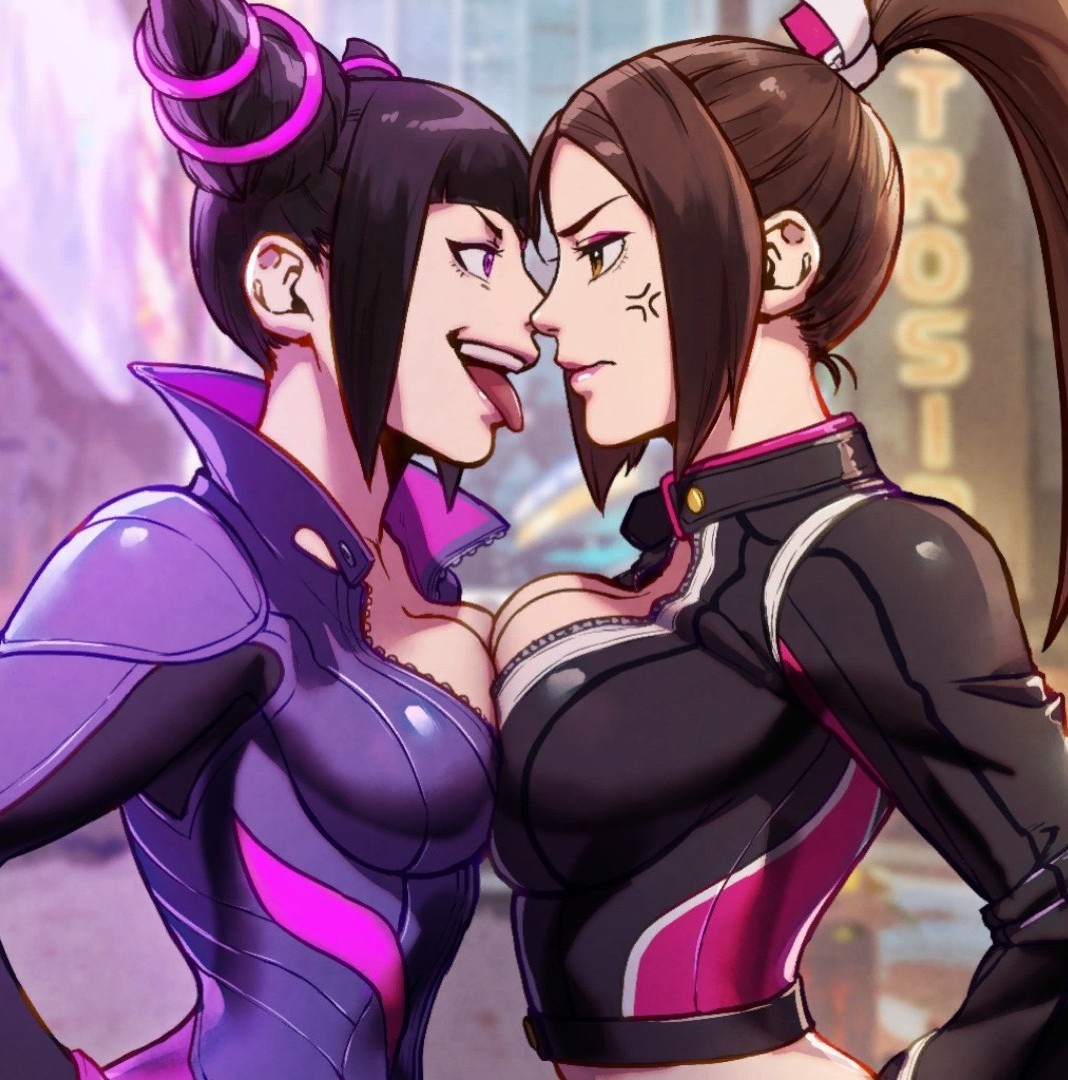 2girls, akiman pose, anger vein, angry, annoyed, asian, asian female, big breasts, black clothing, black hair, bodysuit, breast contest, breast press, breast to breast, breasts, breasts to breasts, brown eyes, brown hair, busty, capcom, cleavage, curvaceous, curvy, curvy female, curvy figure, duo, duo focus, eye contact, eyeshadow, face to face, fat breasts, fatal fury, fatal fury: city of the wolves, female, female focus, female only, female/female, flat belly, hi res, high resolution, highres, juri han, king of fighters, large breasts, light skin, light-skinned female, long hair, looking at another, mai shiranui, mai shiranui (city of the wolves), makeup, official art, pink eyes, ponytail, purple clothing, purple eyes, purple eyeshadow, purple makeup, side view, sideboob, sidelocks, snk, stare, staredown, street fighter, street fighter 6, tagme, tied hair, tongue, tongue out, twintails, voluptuous, voluptuous female, yuri
