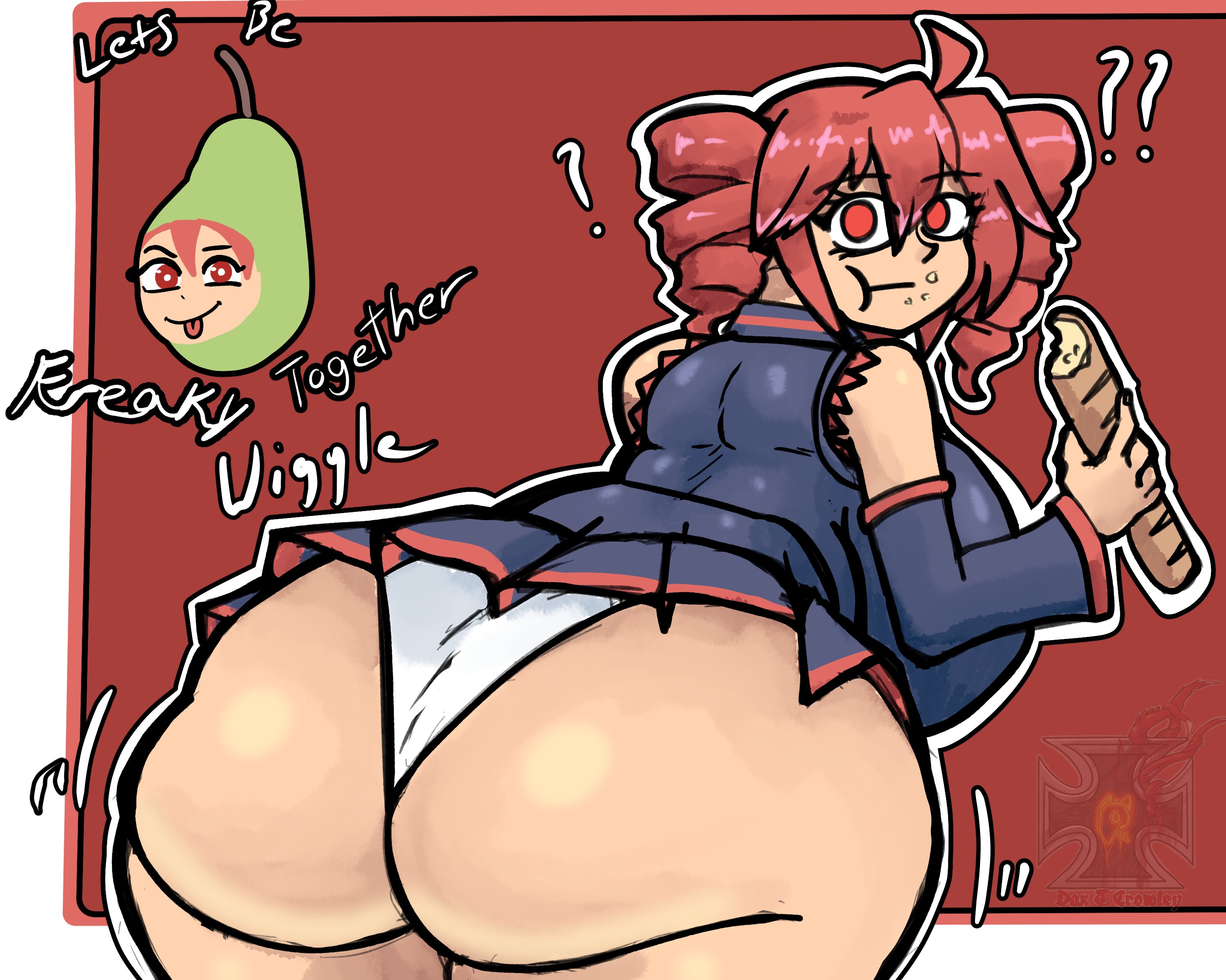 1girls, 2d, 2d (artwork), ahoge, ass, ass bigger than head, ass bigger than skirt, ass bigger than torso, ass focus, back, back view, backboob, baguette, bending forward, bending over, big ass, big breasts, breasts, bubble butt, cheek bulge, clothed, clothed female, clothing, confusion, curvaceous, curvy, curvy female, curvy figure, detached sleeves, eating, english text, fat ass, fat breasts, fat thighs, fatass teto, female, female only, food, fully clothed, gigantic ass, gigantic breasts, gluteal fold, hourglass figure, huge ass, huge breasts, hyper, hyper ass, hyper breasts, ineffective clothing, ineffective skirt, kasane teto, large ass, large breasts, leaning forward, looking at viewer, looking back, massive ass, massive breasts, meme, meme reference, microskirt, miniskirt, motion lines, oblivious, panties, pearto, red background, red eyes, red hair, rose dax, shiny skin, simple background, skirt, solo, solo female, sound effects, text, twin drills, unaware, upskirt, utau, venus body, voluptuous, voluptuous female, white panties, wide hips