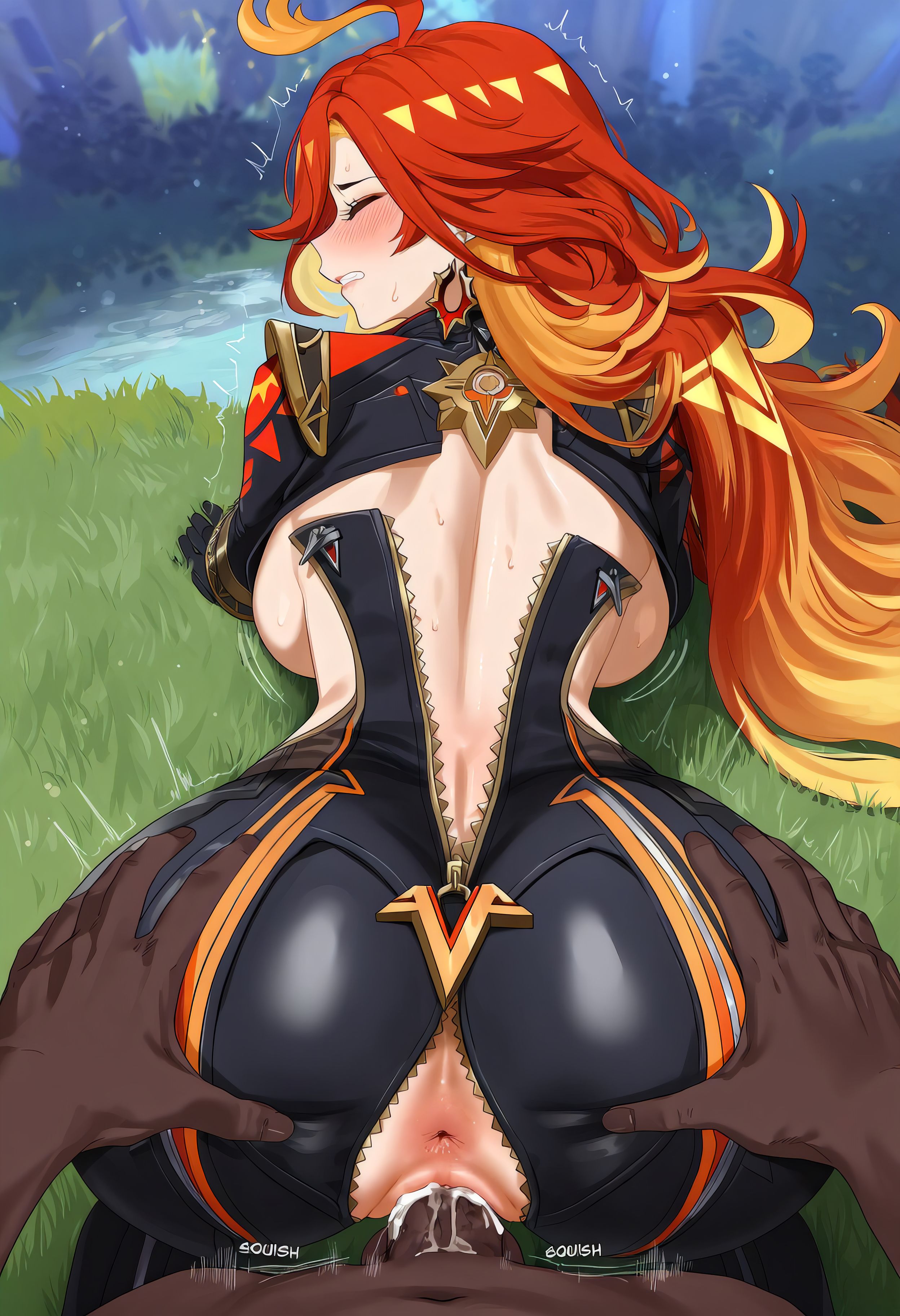 1boy, 1girls, ai generated, ass, big breasts, biker clothes, bodysuit, breasts, dark-skinned male, female, female focus, genshin impact, huge ass, huge breasts, huge cock, large breasts, light-skinned female, long hair, looking pleasured, male, mature female, mavuika (genshin impact), milf, navel, nipples, orange eyes, orange hair, penis, pussy, sex, two-tone hair, vaginal penetration, vaginal sex
