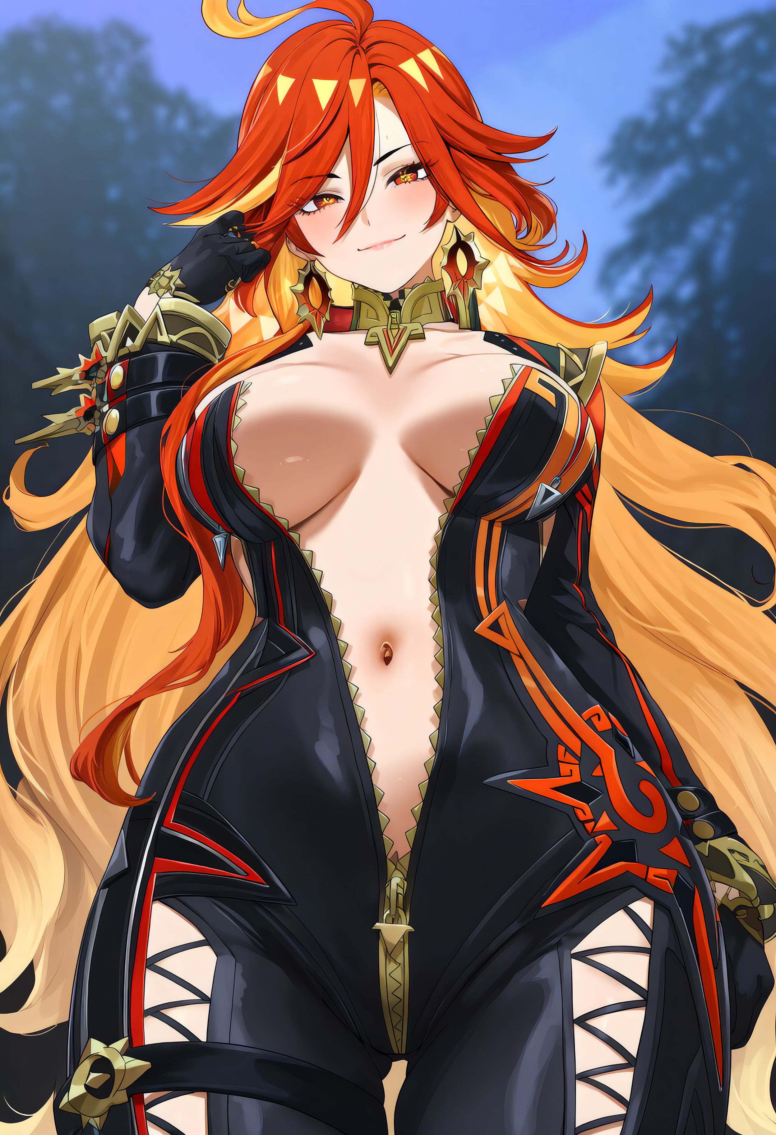 1girls, ai generated, big breasts, biker clothes, bodysuit, breasts, female, female focus, genshin impact, huge breasts, large breasts, light-skinned female, mature female, mavuika (genshin impact), milf, navel, orange hair, two-tone hair
