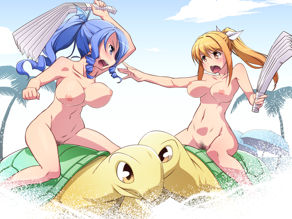 2girls animal areolae blonde_hair blue_eyes blue_hair breasts censored clouds drill_hair fighting highres large_breasts legs long_hair navel nightmare_express nipples nude ocean open_mouth ponytail pubic_hair shimano_natsume sitting sky thighs tied_hair turtle water yellow_eyes