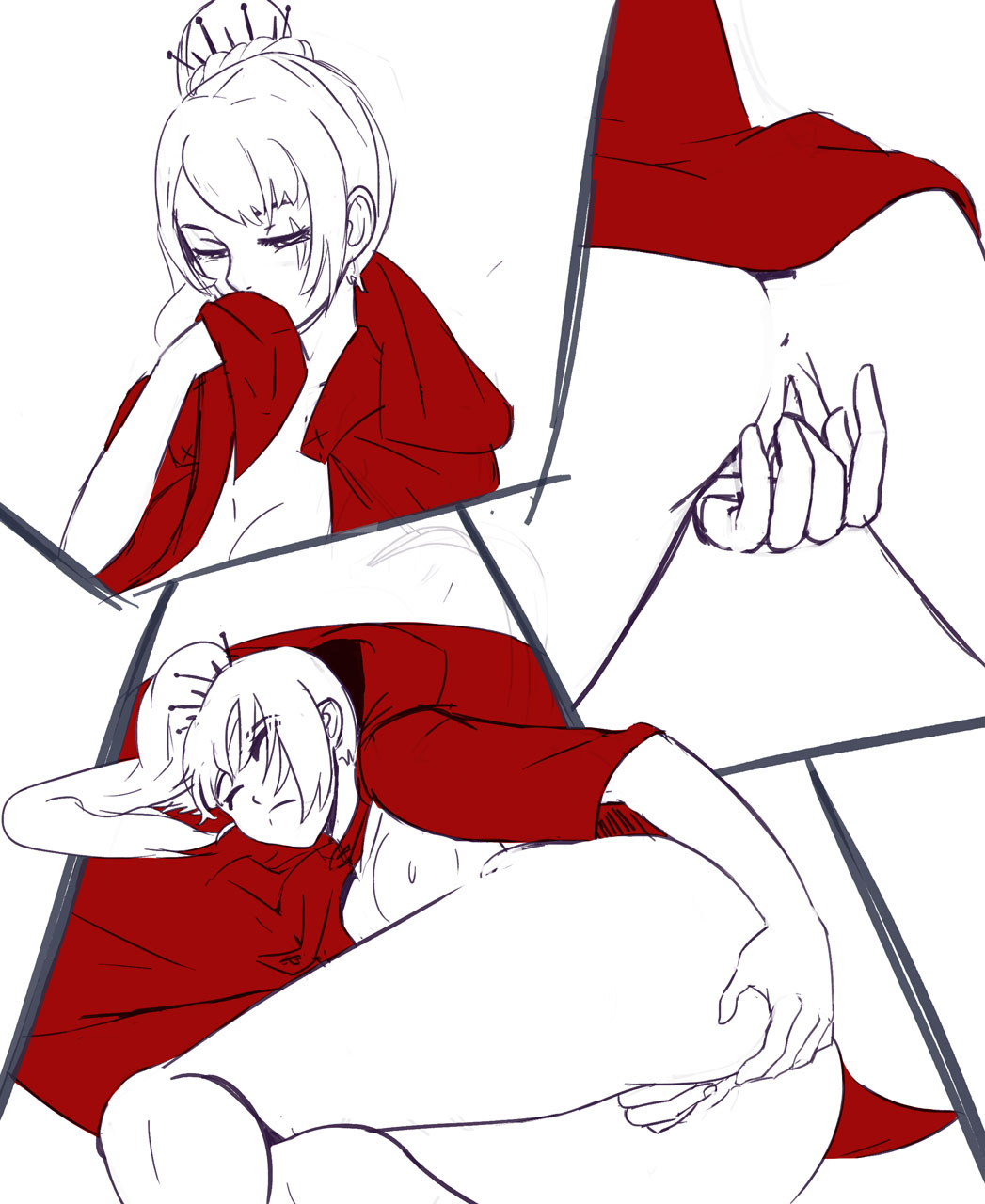 female, hair ornament, human, long hair, masturbation, monochrome, polyle, ponytail, pussy, rooster teeth, rubbing pussy, rwby, scar, solo, tied hair, weiss schnee, white hair