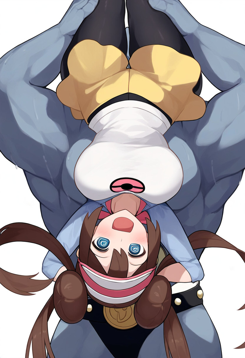 @oz, ai generated, big, breasts, brown hair, female, hair buns, machamp, mei (pokemon), nspdld, pantyhose, pokemon, pokemon bw, rosa (pokemon), upside-down, white shirt, yellow shorts