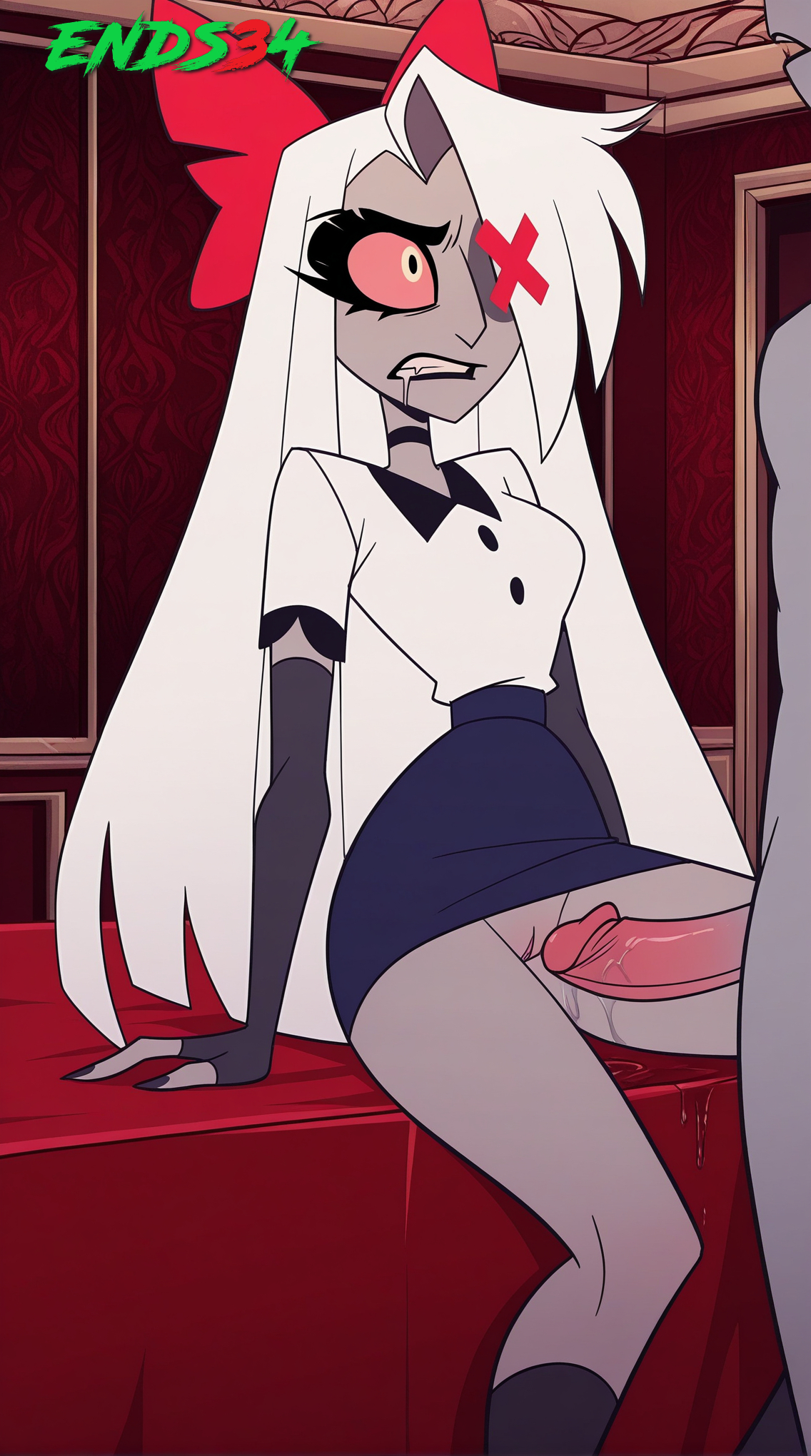 2025, ai generated, ends34, female, female focus, hazbin hotel, long hair, male, penis, pussy, pussy juice, saliva, skirt lift, vaggie (hazbin hotel), white hair