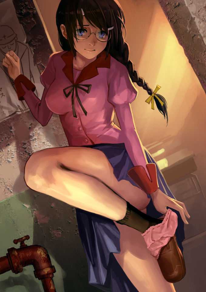 artist request, bakemonogatari, big breasts, breasts, fan art, female, female focus, female only, googles, gorgeous, hanekawa tsubasa, kizumonogatari, monogatari (series), offering panties, pink panties, removing panties, seductive, sexy, shy, taking off panties