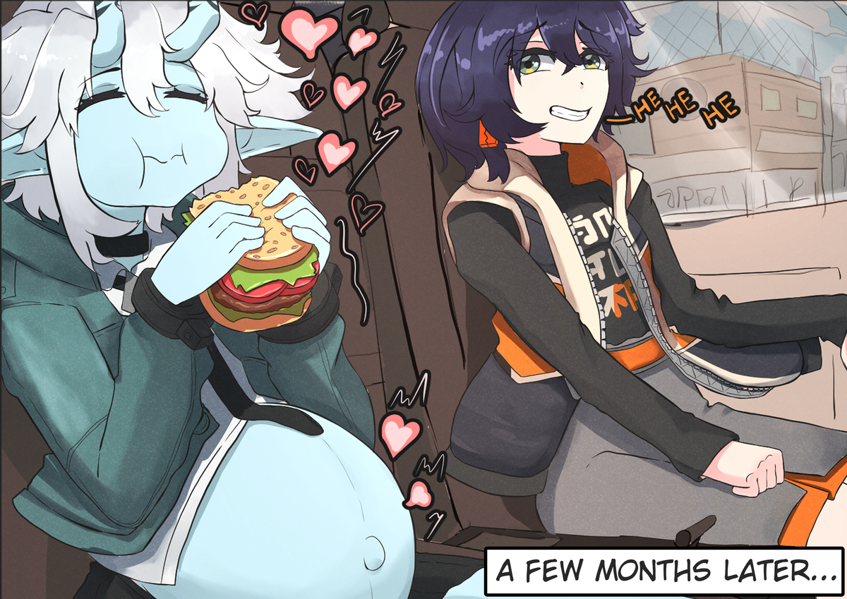 aldrichpudding, belle (zenless zone zero), blue skin, burger, cute, eating, female, futa on female, futanari, implied futa, intersex, pregnant, ready to pop, short hair, soukaku (zenless zone zero), tagme, white hair, zenless zone zero