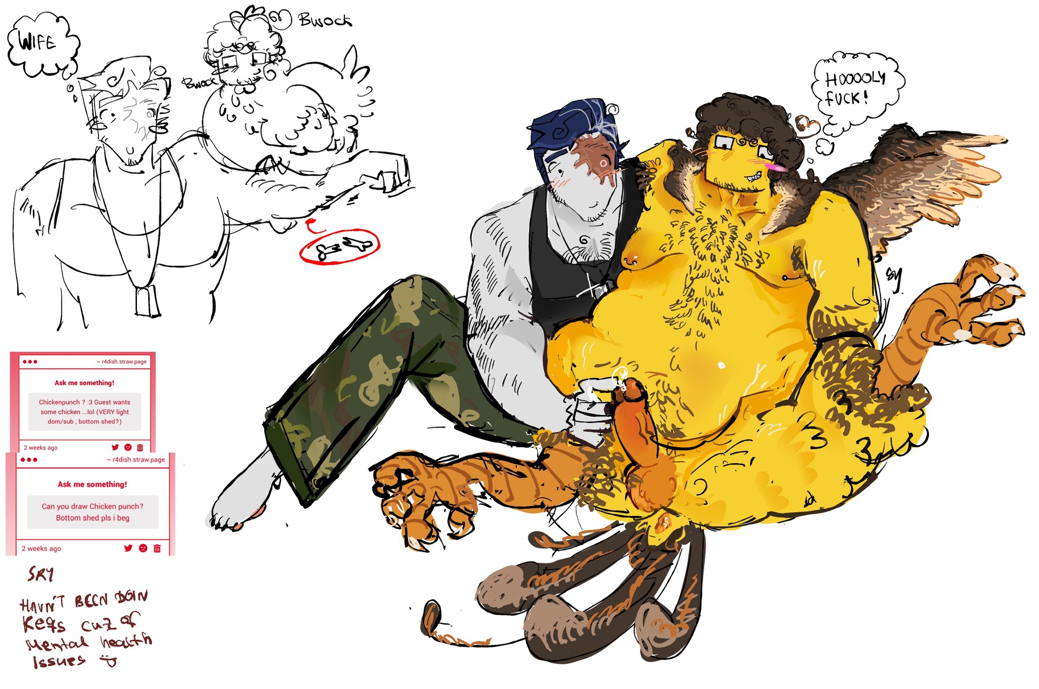 buff, chicken humanoid, chicken leg, chicken legs, feathers, forsaken (roblox), guest 1337 (forsaken), male, penis, precum, rad1ish, request, roblox, roblox game, robloxian, shedletsky (forsaken), strawpage request, tagme, tail, tank top, touching penis