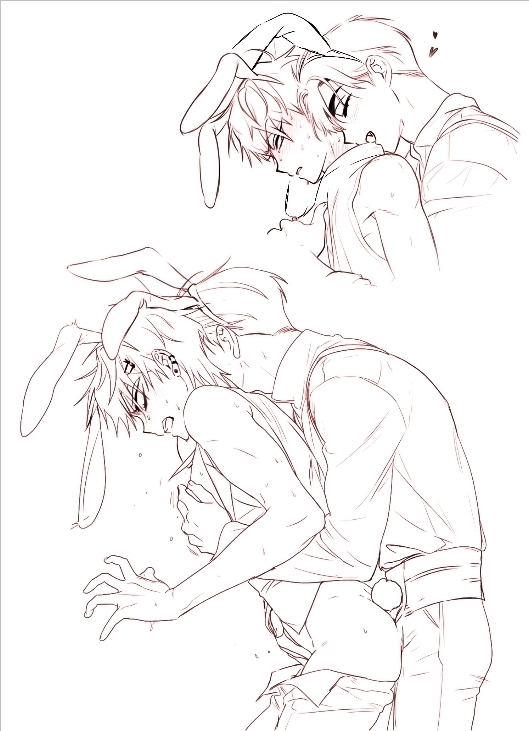 2boys, alien stage, anal, heart, ivan (alien stage), lubya, male, male focus, no color, open mouth, pants, pants down, rabbit ears, rabbit tail, sex, sex from behind, shirt, till (alien stage), very short hair, yaoi