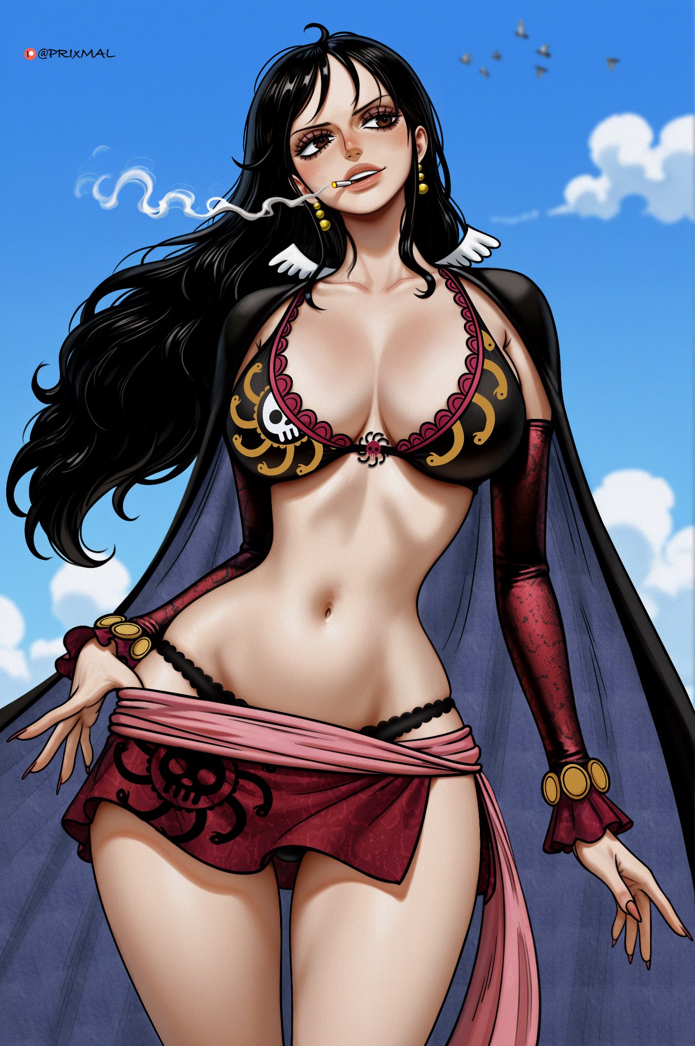 1girls, bare legs, bare thighs, big breasts, black hair, black-haired female, blush, bra, breasts, cigarette, clothed, clothing, color, female, female focus, female only, hi res, jewelry, large breasts, light skin, light-skinned female, long hair, one piece, panties, prixmal, shakuyaku, shounen jump, smoking, solo, solo female, tagme, thick thighs